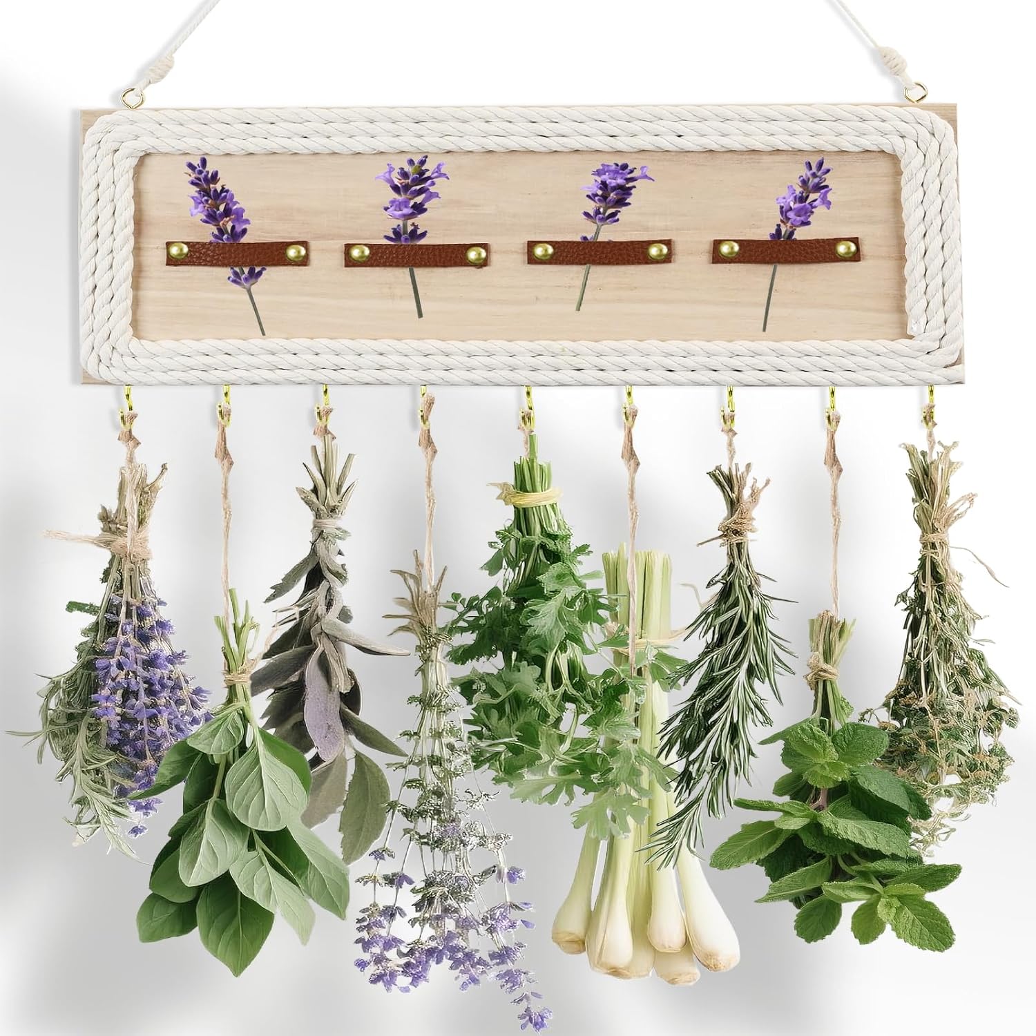 Herb Drying Rack Hanging, Rustic Hanging Wall Decor - Drying Rack Holds 9 Herbs & Grasses - Expandable 4-Compartment for Bouquets, Farmhouse Wall Art Decor