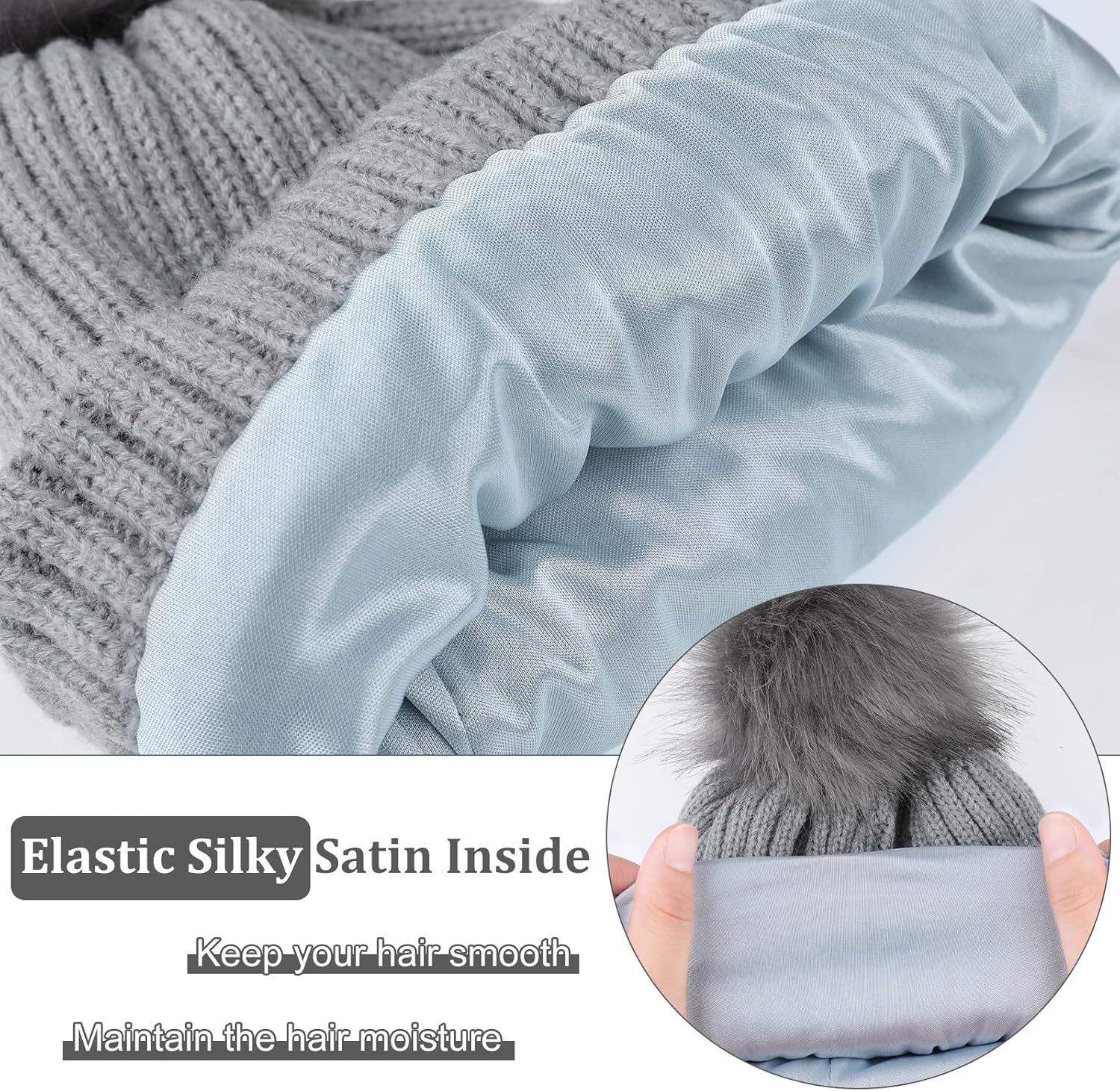 4 Pieces Womens Winter Satin Lined Knit Pom Beanie Hats Touchscreen Gloves Set (Black and Gray,Cute Style) - Image 5