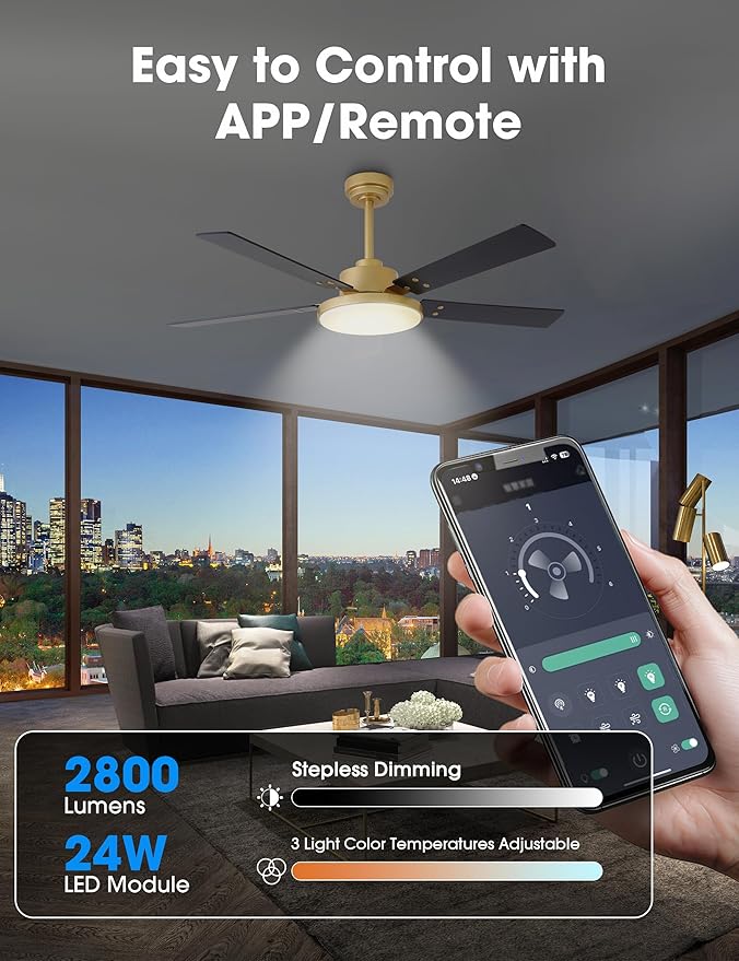 Ventilador de Techo 52" Con Luz LED y Control Remoto, 6 Velo miniatura 5