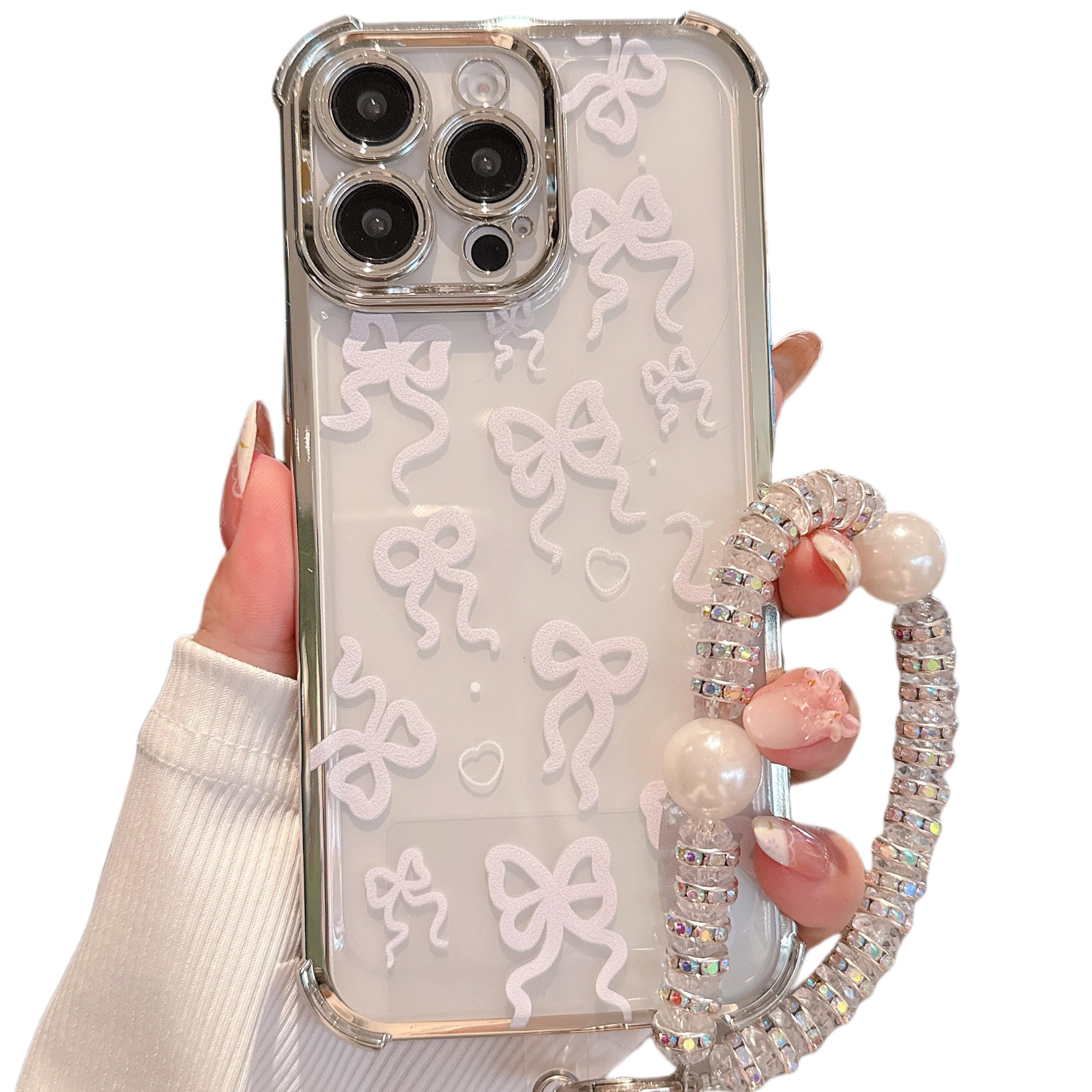 Compatible with iPhone 13 Pro Max Electroplated Protective Case Military-Grade 4-Corner Bumper Design, Aesthetic Silver Bow Heart Design, Eco TPU +