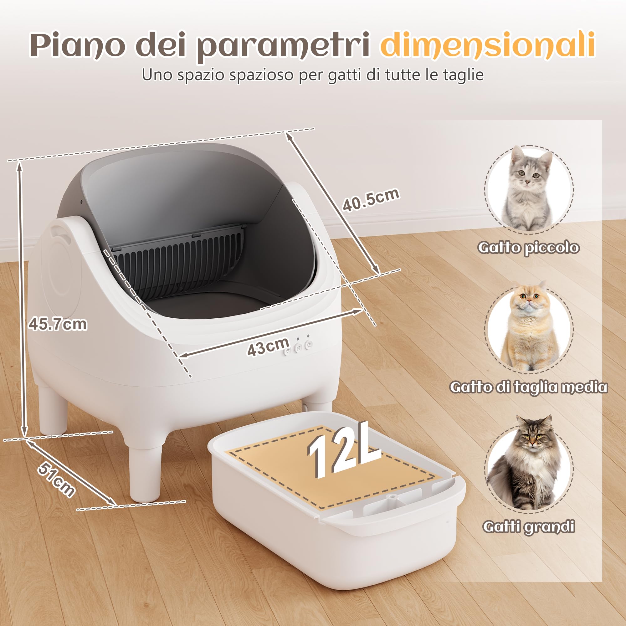 JUMMICO lettiera gatto autopulente aperta, lettiera autopulente per gatti con cassetta raccogli feci da 12L (15 gg), con APP, protezione anti-pizzicamento e deodorante. Adatto per gatti da 1,5 a 10 kg