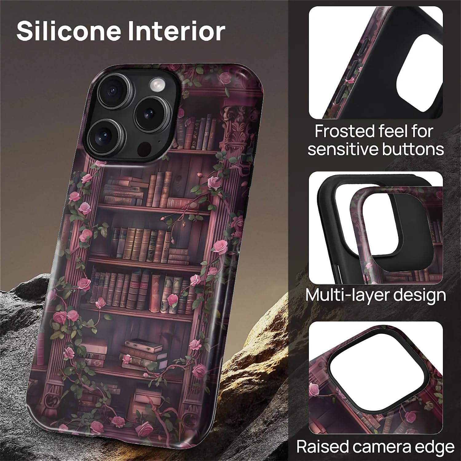 Magnetic Case for iPhone 16 Pro Max,Compatible with Magsafe,PC Hard Shell & Silicone Inner Bumper,Shockproof Full-Body Cover Slim Design for iPhone 16 Pro Max Case - Floral Bookish Dark - Image 3