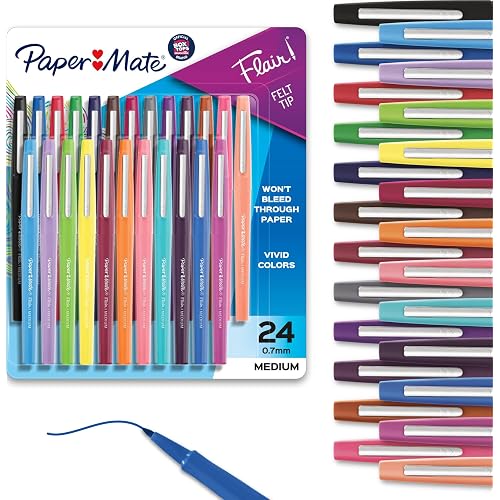 Paper Mate Flair Felt Tip Pens, Medium Point, Assorted Colors, 24 Count - Home, Office, Back to School, Teacher Supplies