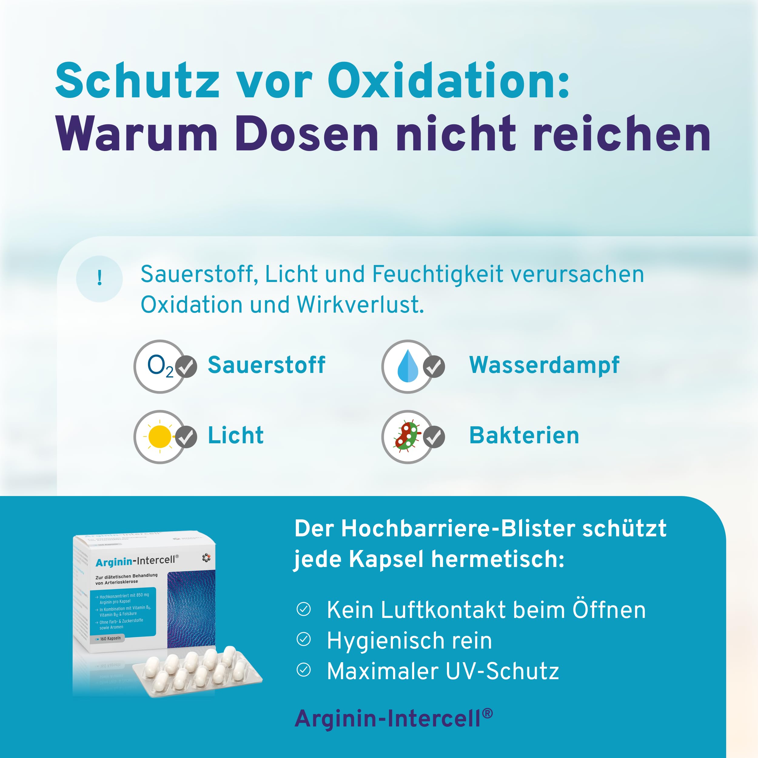 Arginin Intercell (160 Kapseln) – Reines L-Arginin Base aus pflanzlicher Fermentation (99,8%) – Hochdosiert zum Diätmanagement – Mit B6, B12 & Folsäure – Vegan