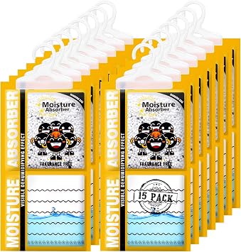 ZSZMFH 15 Pack Moisture Absorber & Max Odor Eliminator Hanging Bag, Charcoal Smell Remove Damp Musty Smell,Hanging Closet Dehumidifier Bags with 25g of Activated Charcoal 220g/pack Yellow