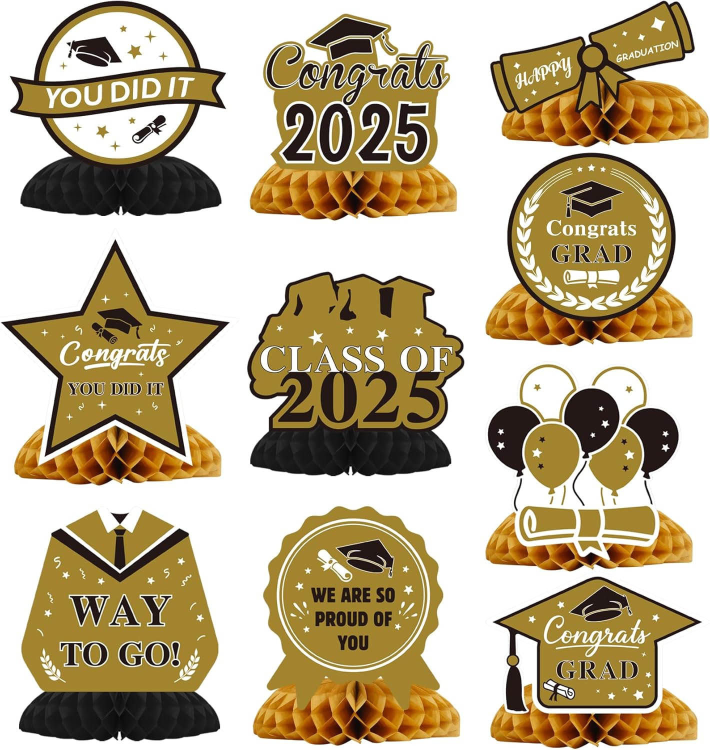 Graduation Decorations 2025, 10PCS Graduation Centerpieces for Table, Black Gold Graduation Party Decorations Class of 2025 Congrats Grad Honeycomb Centerpieces Table Decor Graduation Party Supplies