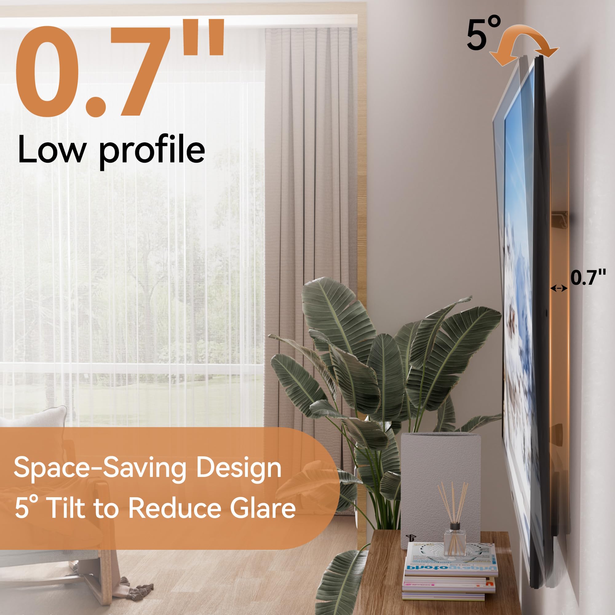 Staffa da parete per TV da 32-75 pollici, staffa universale per TV senza borchie, VESA max 600 x 400 mm fino a 68 kg, basso profilo, inclinazione di 5°, adatta alla maggior parte dei