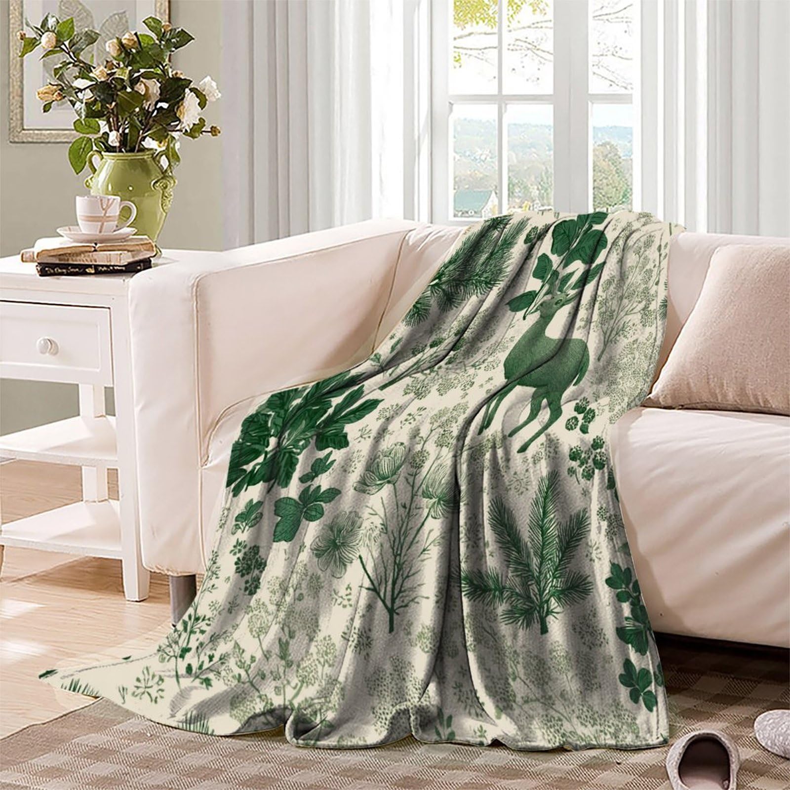 Foglie d'Erba, Rami di Cedro, Cervo Astratto Ropa Cama Para Adolescente Estampada Manta De Felpa Cómoda Y Suave Y Esponjosa Adecuada Para Sofá Cama Sofá 80x90inch(200x230cm)