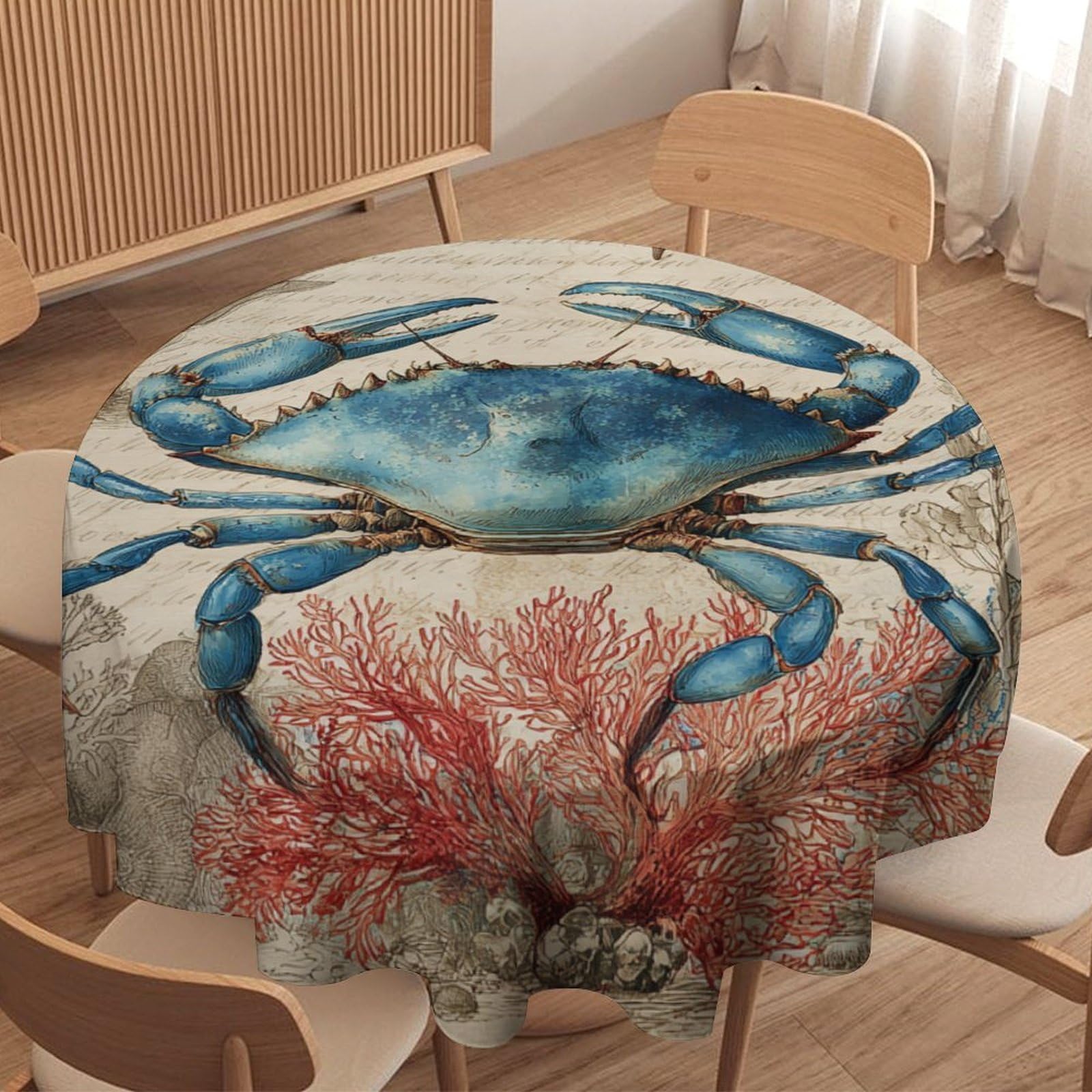 LUYYSKY Funny Abstract Blue Crab Round Tablecloth Retro Watercolor Nautical Sea Animal Crab Coral Compass Washable Decor for Table Cover for Kitchen-91.4" Wx91.4 L cm