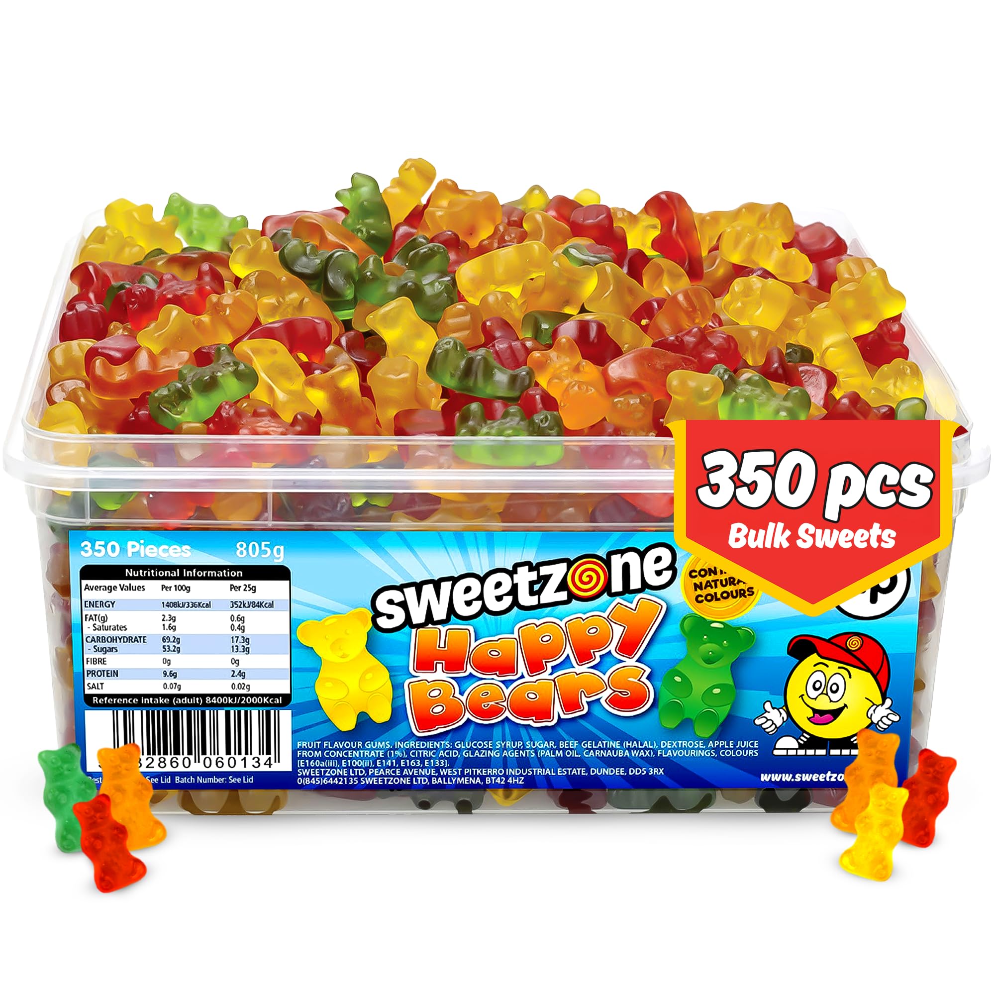 Happy Bears Halal Gummy Bears Bulk Sweets, 805g 350pcs Tub, Assorted Flavour Retro Sweets and Wine Gums, Sweet Bags and Sweet Box Chewy Candy, Bulk Retro Candy Tub, For All Occasions