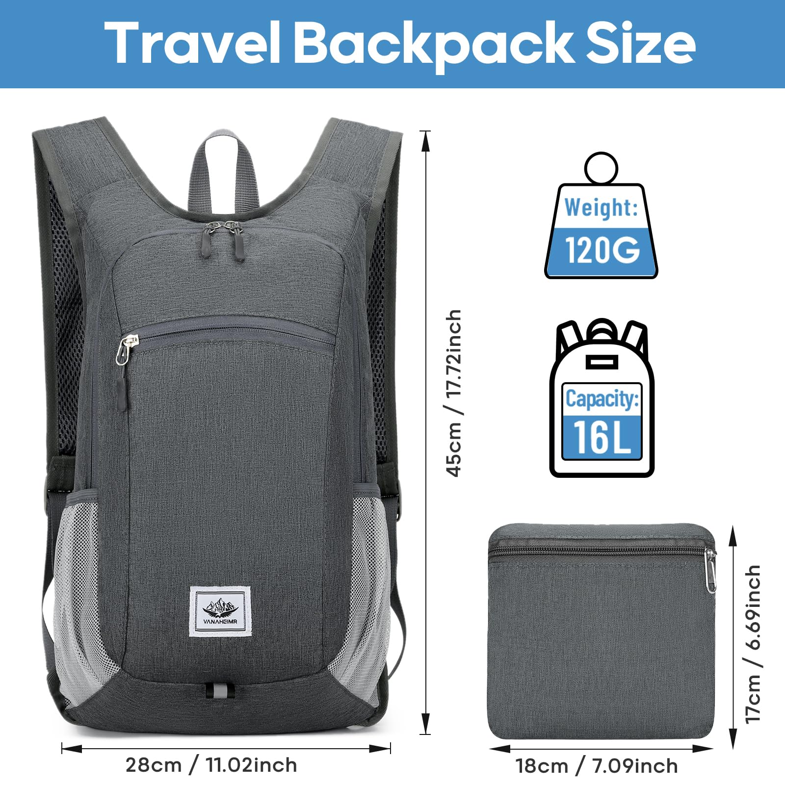 Zusentee Zaino Pieghevole Ultraleggero 16L Zaino Trekking Donna Impermeabile Uomo per Trekking Viaggio Brevi Escursioni Ciclismo Uomo