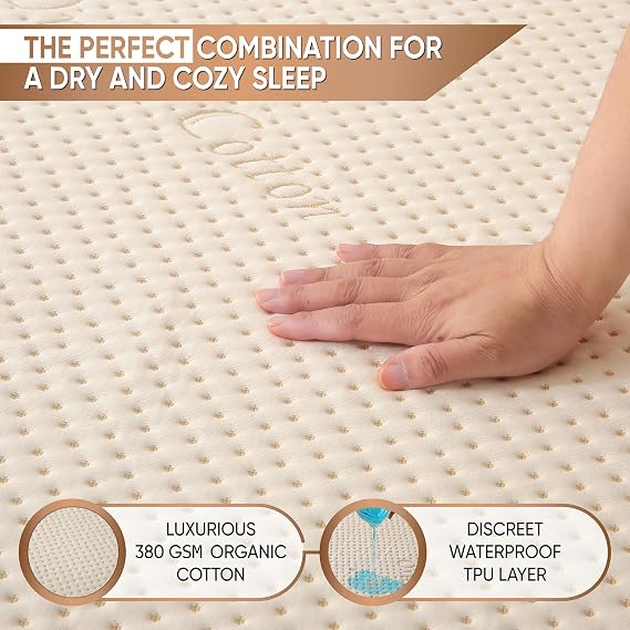 Luxury Waterproof Organic Mattress Protector Queen Size - Organic Cotton Breathable Mattress Pad Cover - Premium 380 GSM 3D Air Fabric - Deep Pocket - Jersey Cotton Skirt - Fitted Design