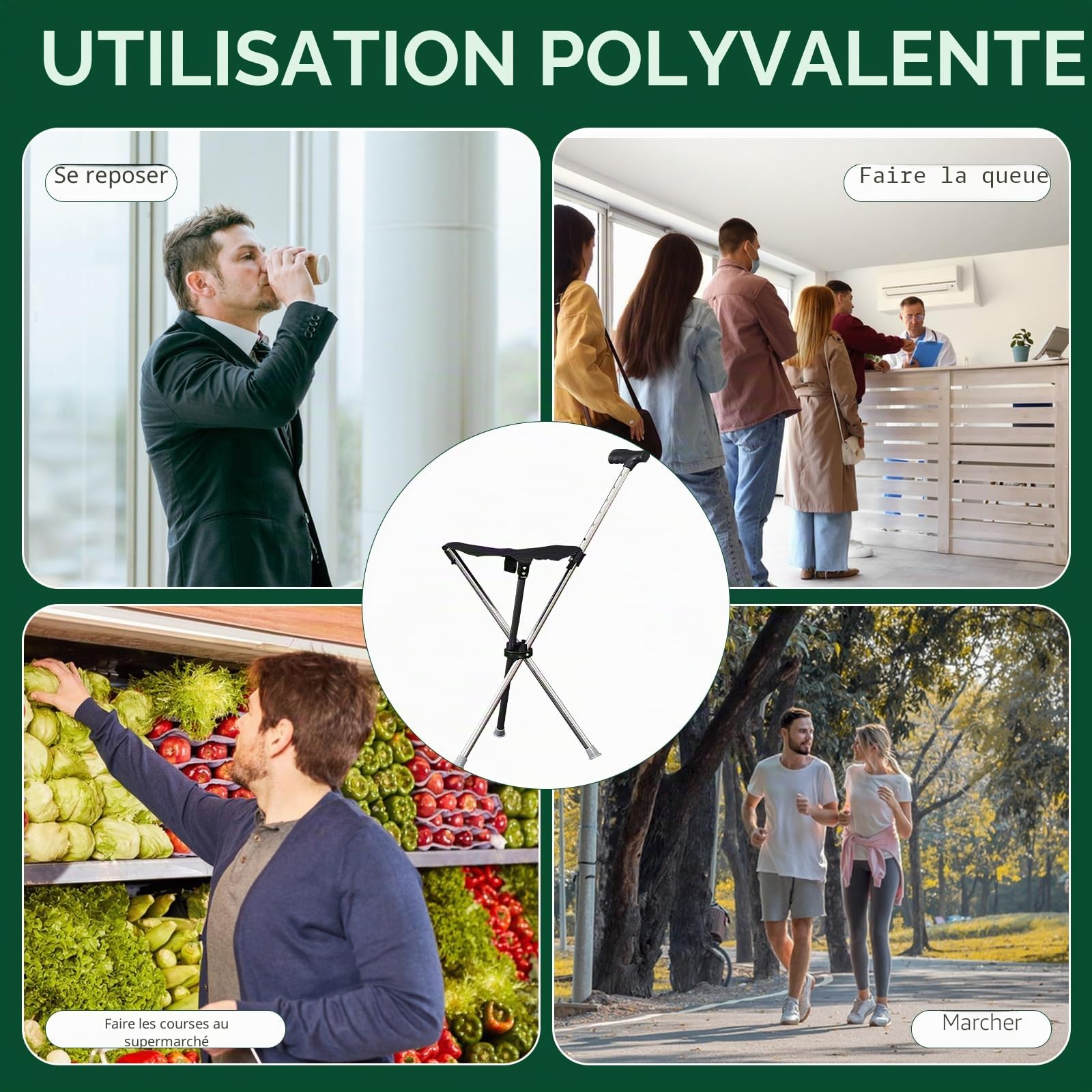 Bâton de marche avec assise pliable 80-90 cm avec assise et base en silicone antidérapant portable, léger avec capacité de charge de 100 kg pour personnes âgées de 140-190 cm