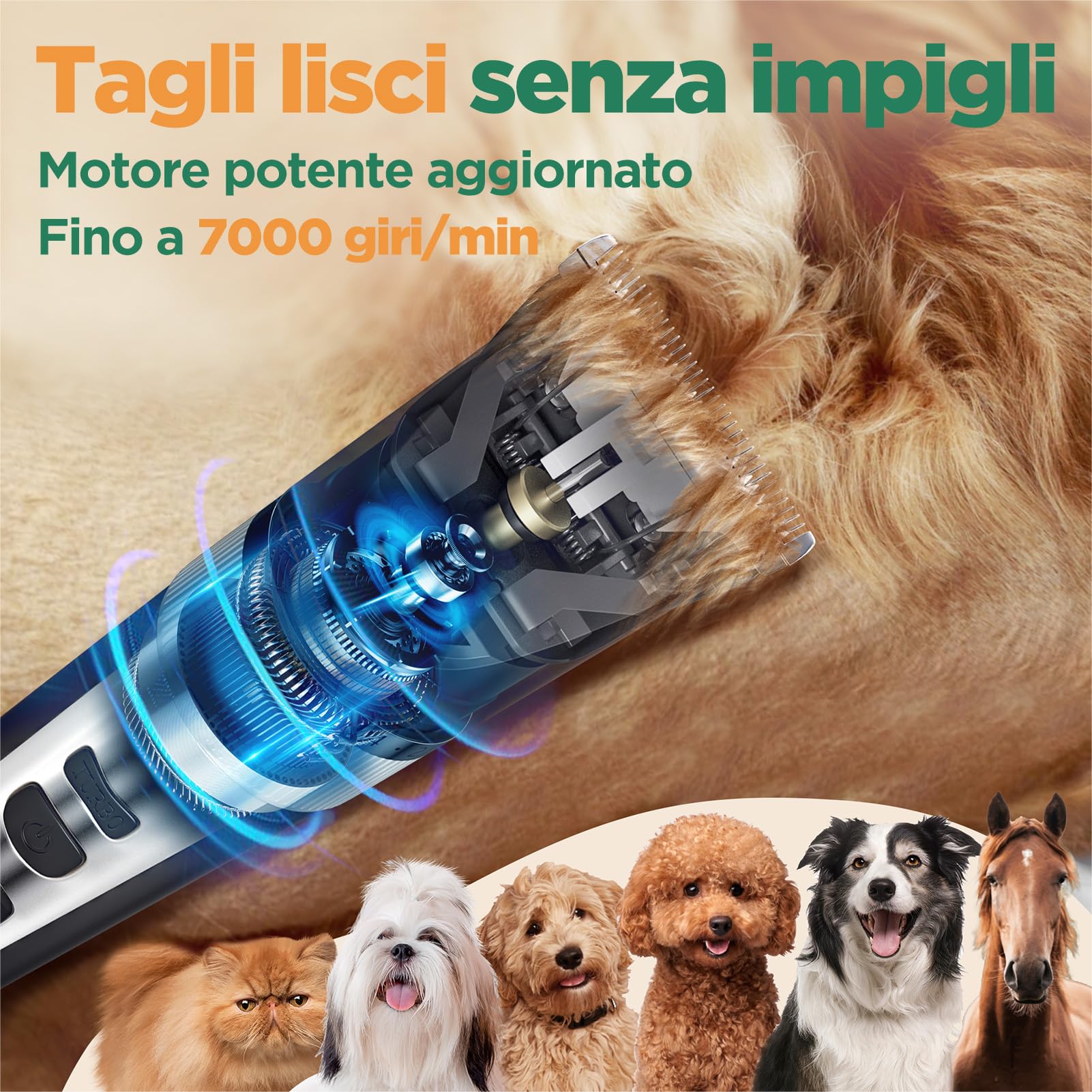 Gimars 4-in-1 Tosatrice Silenziosa per Cani Professionale, Rasoio per Cani 7000 RPM, Kit Toelettatura Animale Domestico Senza Fili, Tosatore Elettrica per Gatti Pelo Lungo Ricaricabile USB, Argento