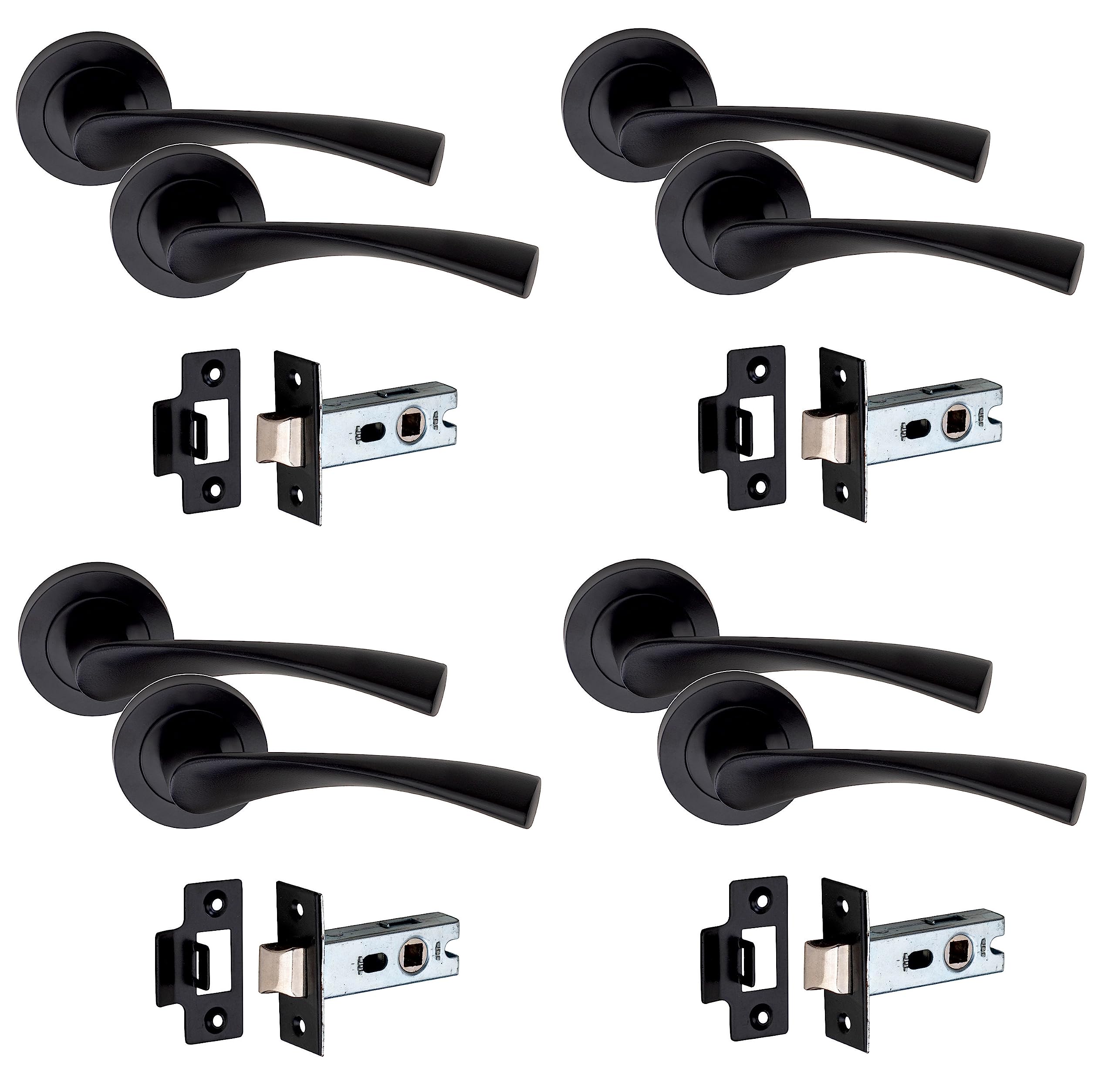 Golden Grace Matt Black Finish Astrid Design Door Handles On Round Rose Latch In With 2.5" Tubular Latch, 4 Pairs - 52Mm Diameter
