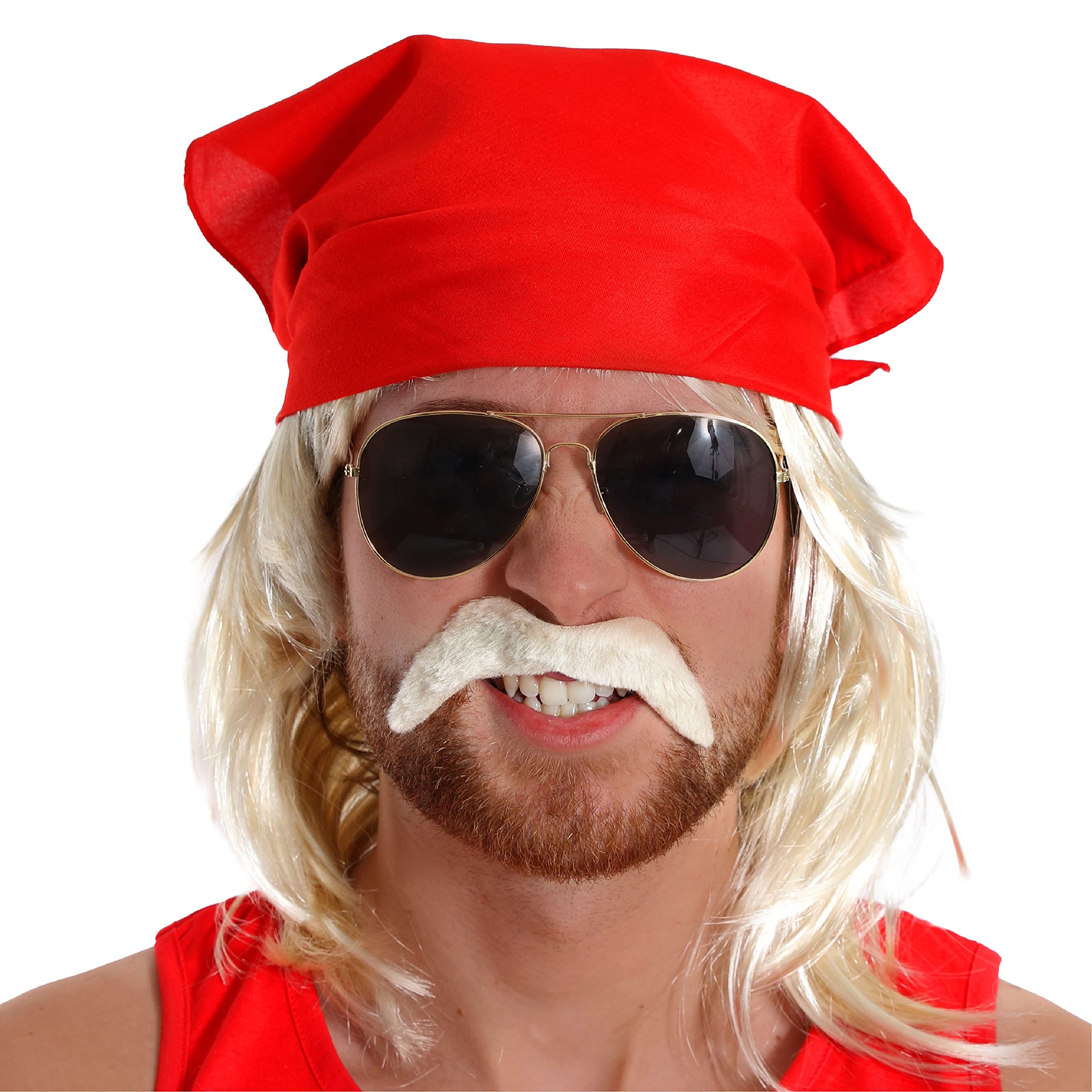 Mens Red Bandana, Blonde Moustache Tash and Blonde Wig Wrestler Set Fancy Dress Costume
