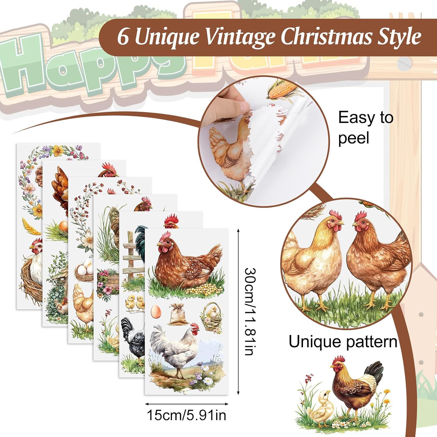 Rub on Transfers for Crafts, 6 Sheets Chickens Rub on Transfers 15cmx30cm/5.91 * 11.81in UV DTF Waterproof Furniture Transfer Stickers for DIY Crafts Wood Glass Farbic