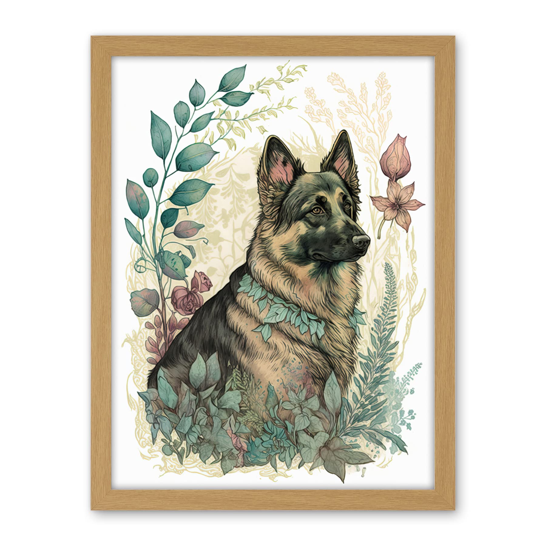 Artery8 German Shepherd Dog with a Leaf Collar Spring Field Boho Pastel Watercolour Illustration Artwork Framed Wall Art Print 18X24 Inch