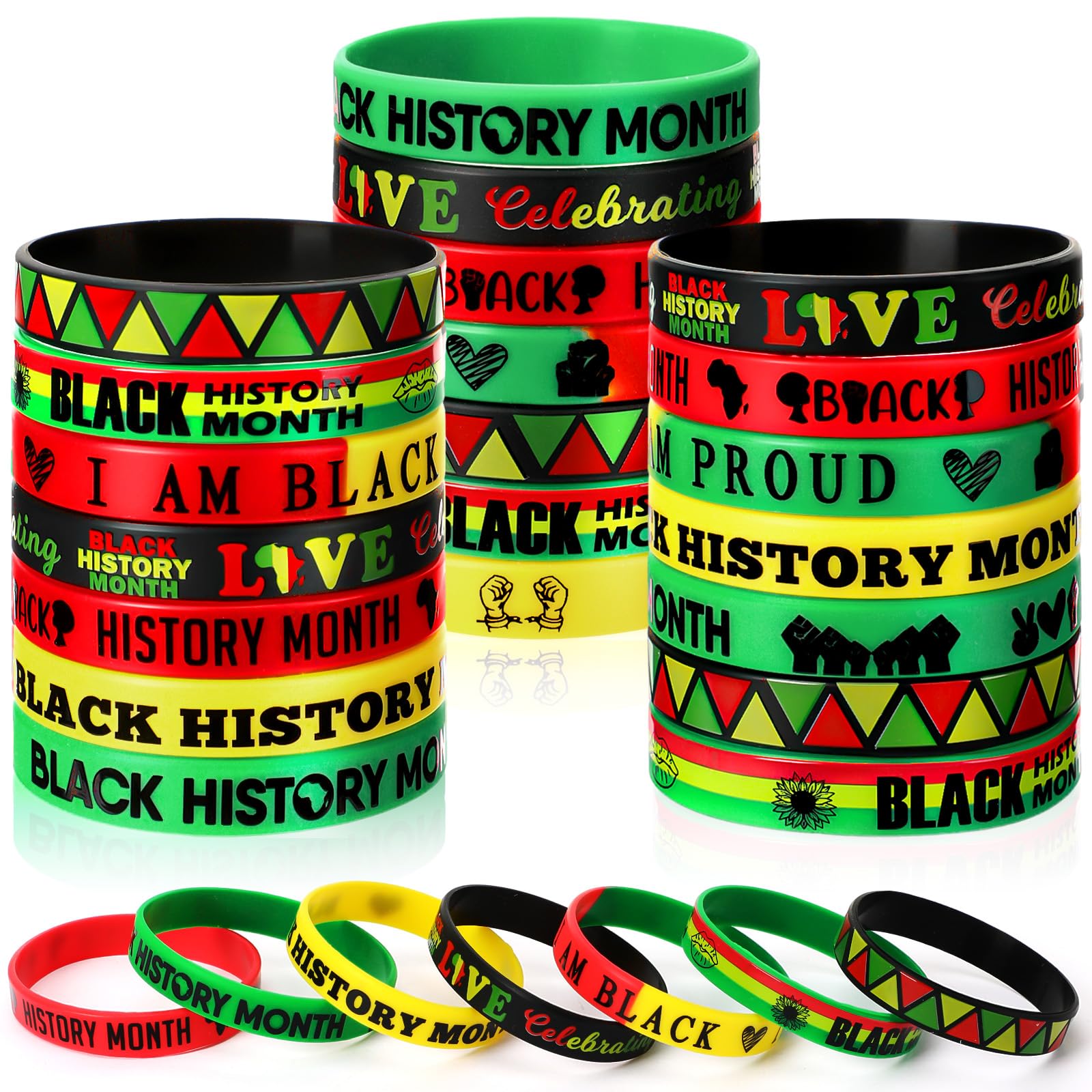 JUNEBRUSHS 42pcs Happy Black History Month Party Favors Silicone Bracelets Rubber Wristbands Accessories for Kids Adults African American Freedom Day Patriotic Party Decorations Gift Bag Fillers