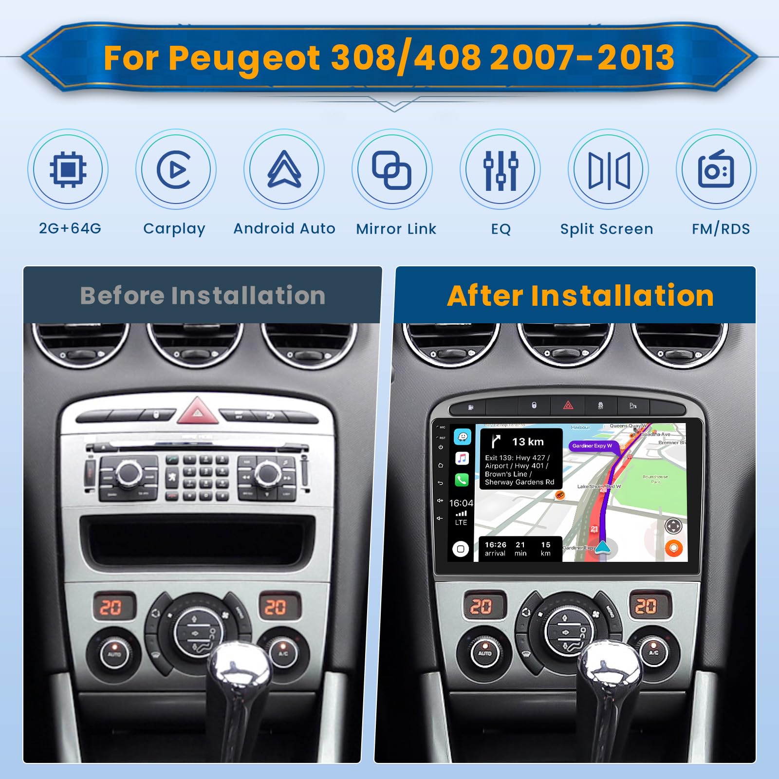 Inefala 2+64G Android CarPlay Radio Pour Peugeot 308/408 2007-2013, Écran Tactile De
