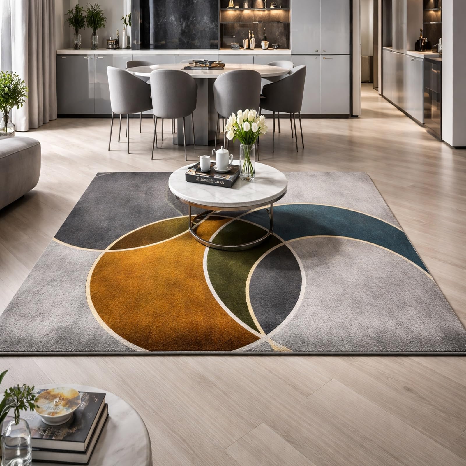 Alfombra de salón geométrica gris Rururug de 140x160 cm lavable y antideslizante