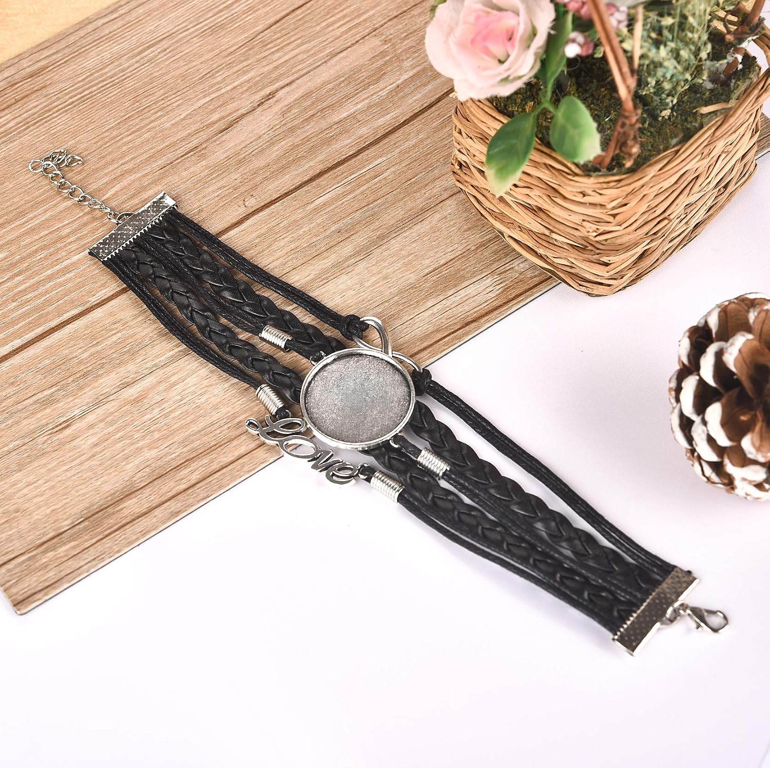 25mm Multilayer Blank Bracelets with Round Bezels Trays Cabochon for Jewelry Making Black Adjustable Bangles Fit 1” Dome 5Pcs