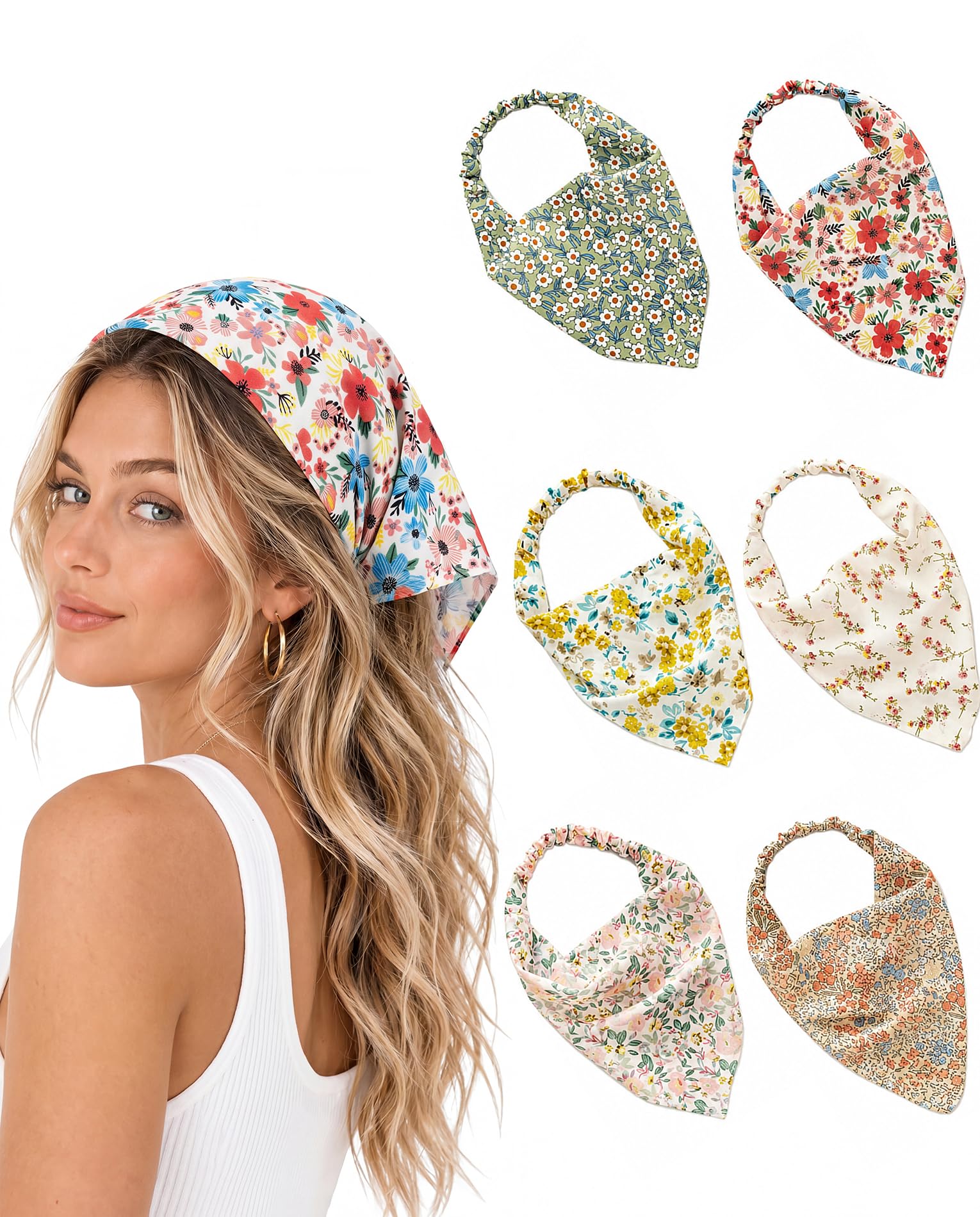 Head Scarf for Women,6-Pack Bandanas for Women, Floral Head Scarf Set in Yellow, Red, Pink, White, Orange and Green, Bandana Scarf Hair Accessories for Daily Wear and Styling-image-1