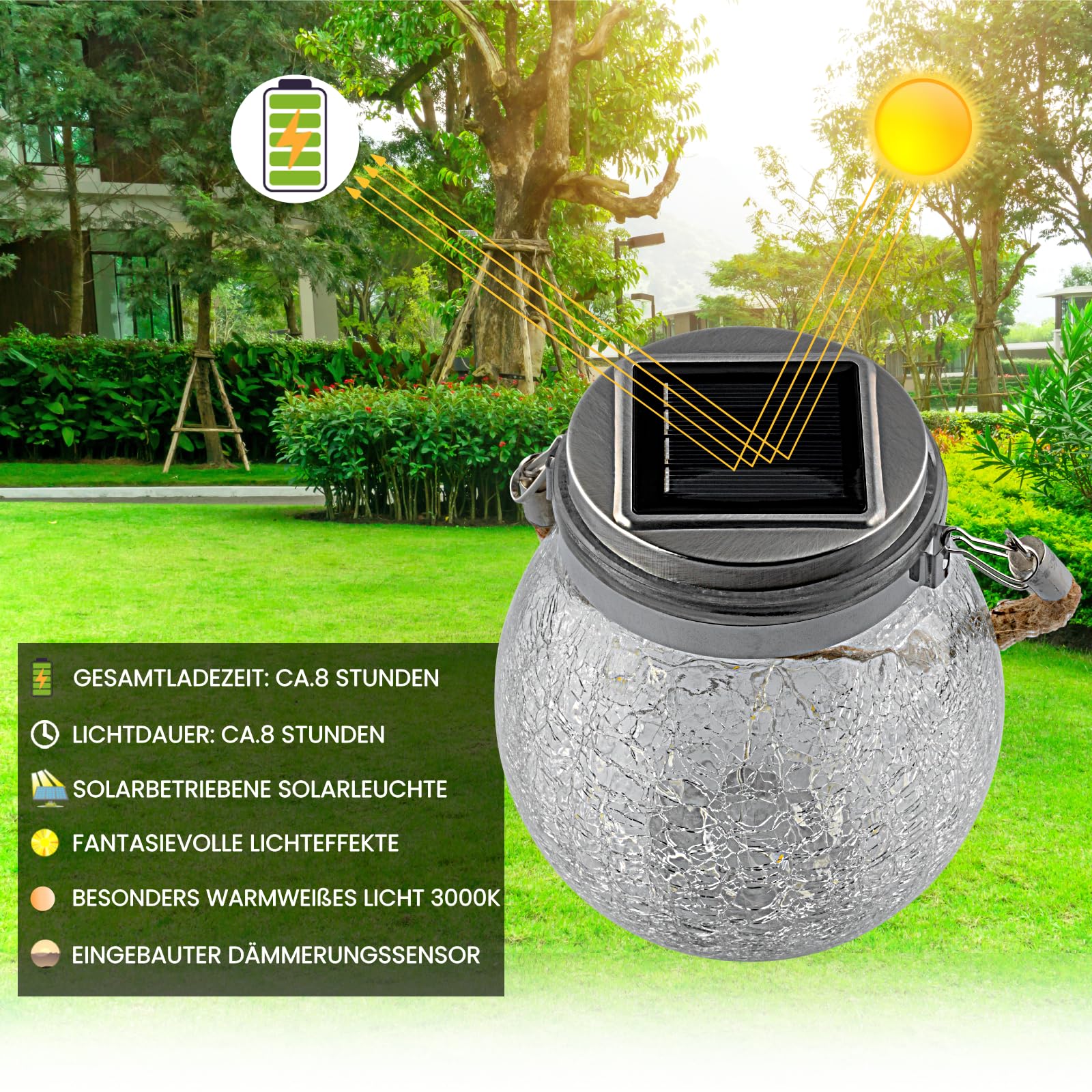 LUMILED 3x Set Solarleuchte Einmachglas Hängende Licht IP44 3000K 20 LED 600mAh Glas Pendelleuchte Außenlaternen ⌀12 cm Solar für Außen Dämmerungssensor Risslicht für Außen Garten Terrasse
