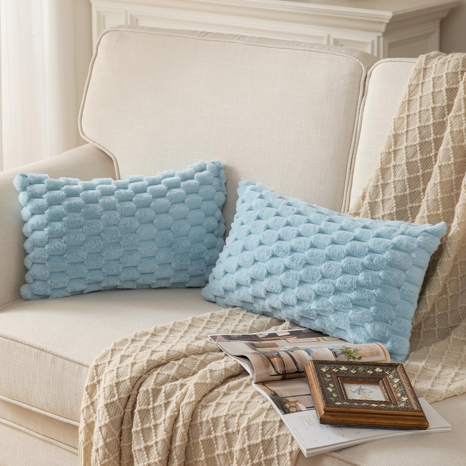 MANDIOO Pack of 2 Light Blue Super Soft Plush Fluffy Decorative Throw Pillow Covers 12x20 inch Faux Fur Wool Velvet Cushion Covers Pillow Cases Couch Sofa Bed Living Room - Image 2