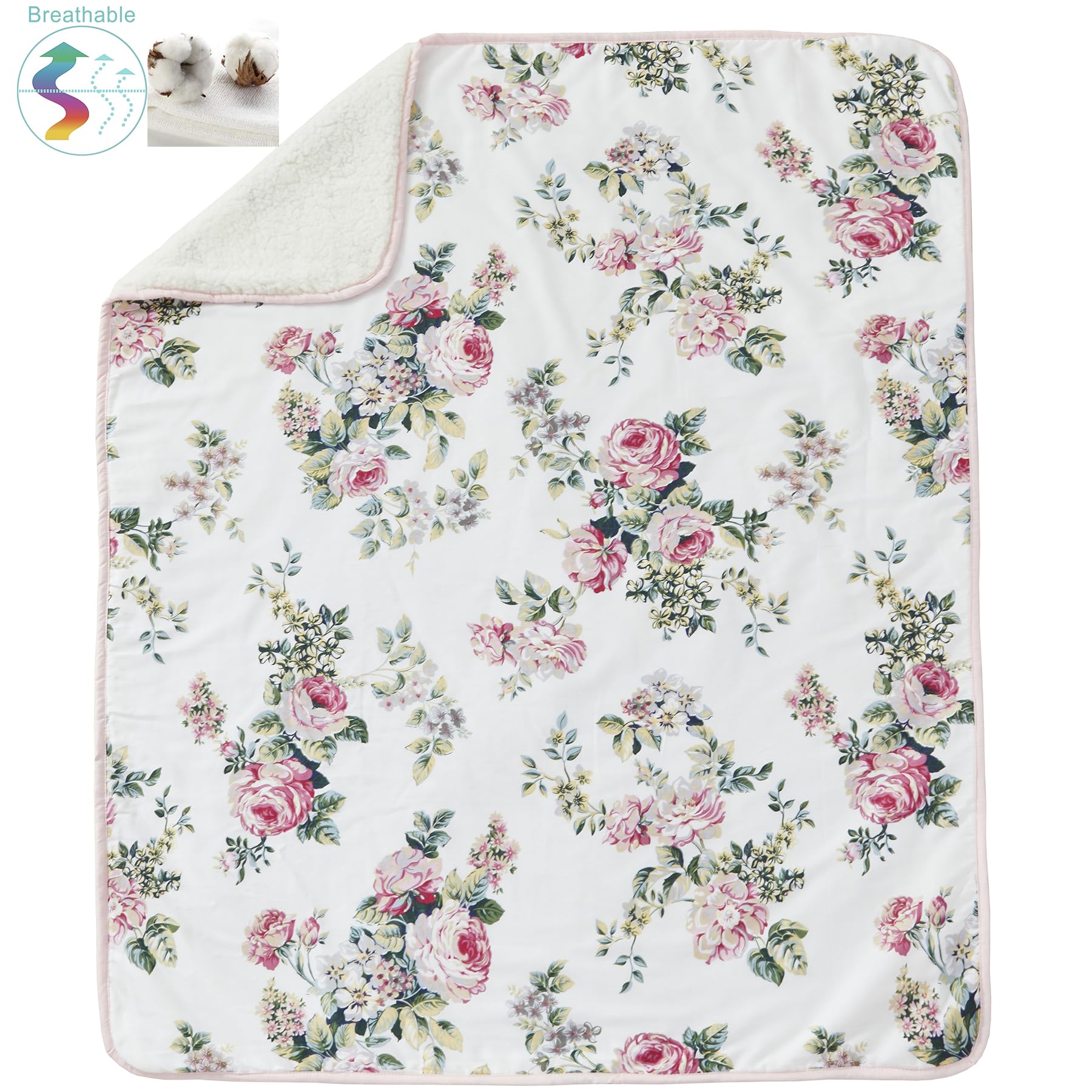Brandream Juego de ropa de cama 100% algodón para cuna de bebé y niña, 6 piezas, diseño floral botánico de rosa, manta de edredón de lujo, sábana de cuna, falda de cuna rosa de 3 niveles, cenefa de