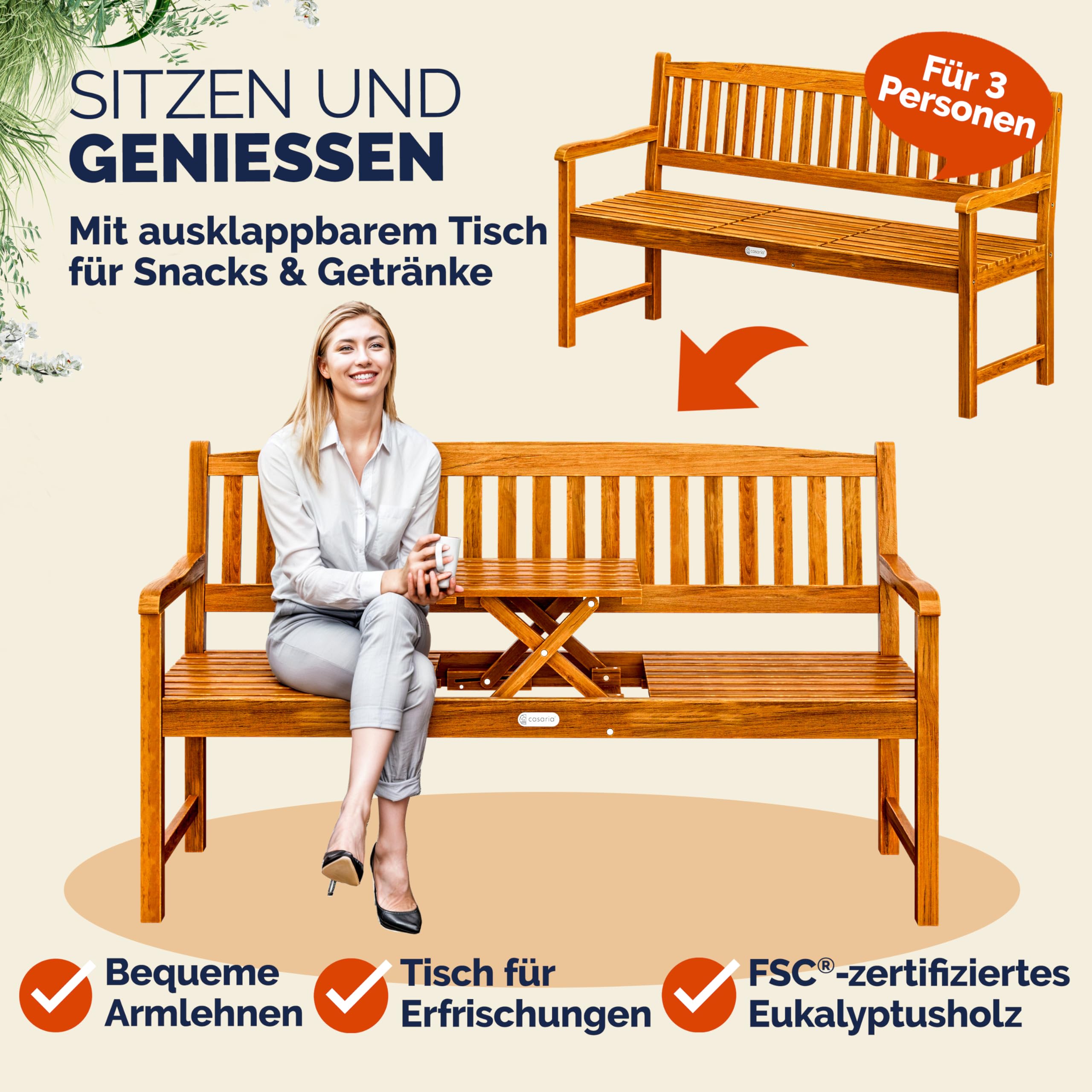 Casaria® Gartenbank FSC®-Zertifiziert Wetterfest | 153x57cm, Holz, 480kg Belastbarkeit, 3-Sitzer, Armlehne, Rückenlehne, Garten, Balkon, Eukalyptus, braun