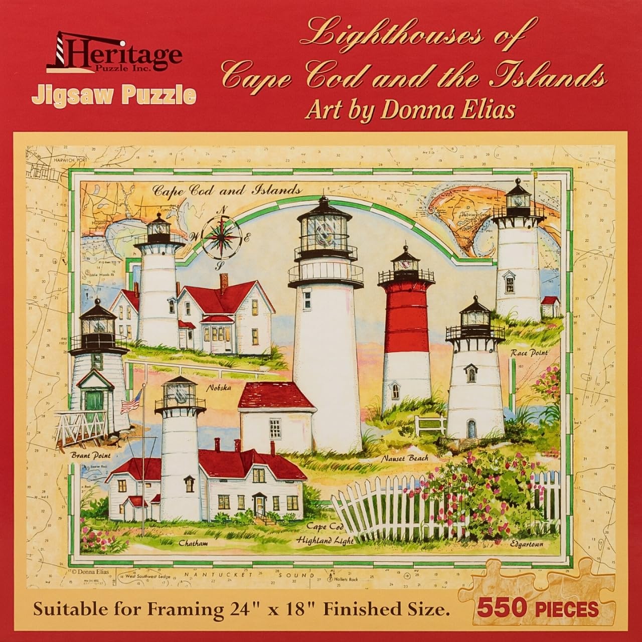 Heritage Puzzle – Leuchttürme von Cape Cod und die Inseln von Donna Elias 550 Teile Puzzles für Erwachsene – Historische nautische Kartenkunst – Rahmenpuzzle 45,7 x 61 cm Fertige Größe