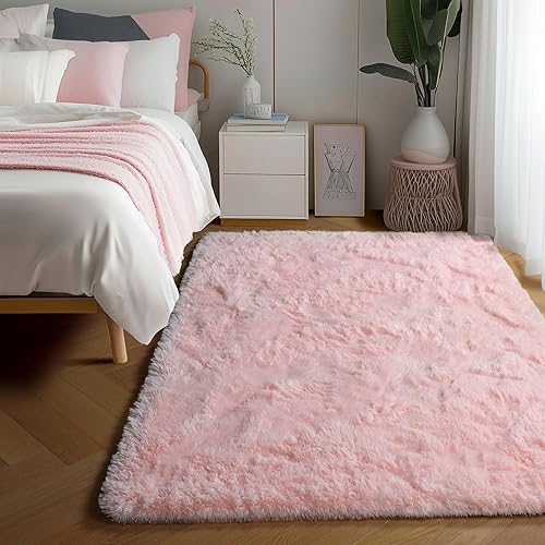 PAGISOFE Pink Rugs for Girls Bedroom 4x6 Ft Fluffy Cute Girls Room Decor Aesthetic Area Rugs Kawaii Baby Nursery Rugs Plush Playroom Shag Teen Girl Rug Thick Fur Dorm Rug Living Room Carpet