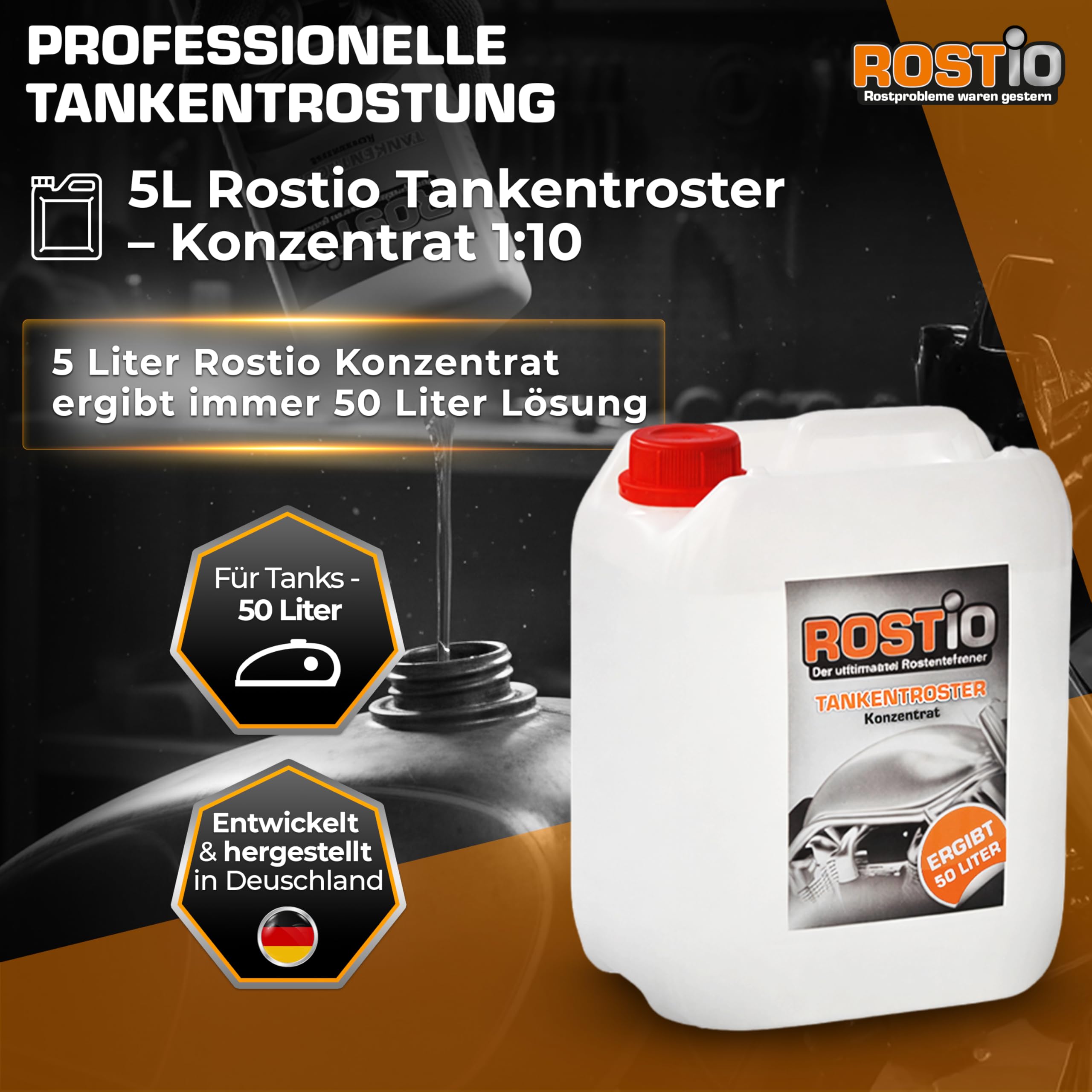 Rostio Tankentroster 5L – Konzentrat zur vollständigen Entrostung von Metalltanks – 1:10 verdünnbar – entfernt Rost zu 100% – für Tanks bis 50L – porentiefe Reinigung & Vorbereitung für Versiegelung