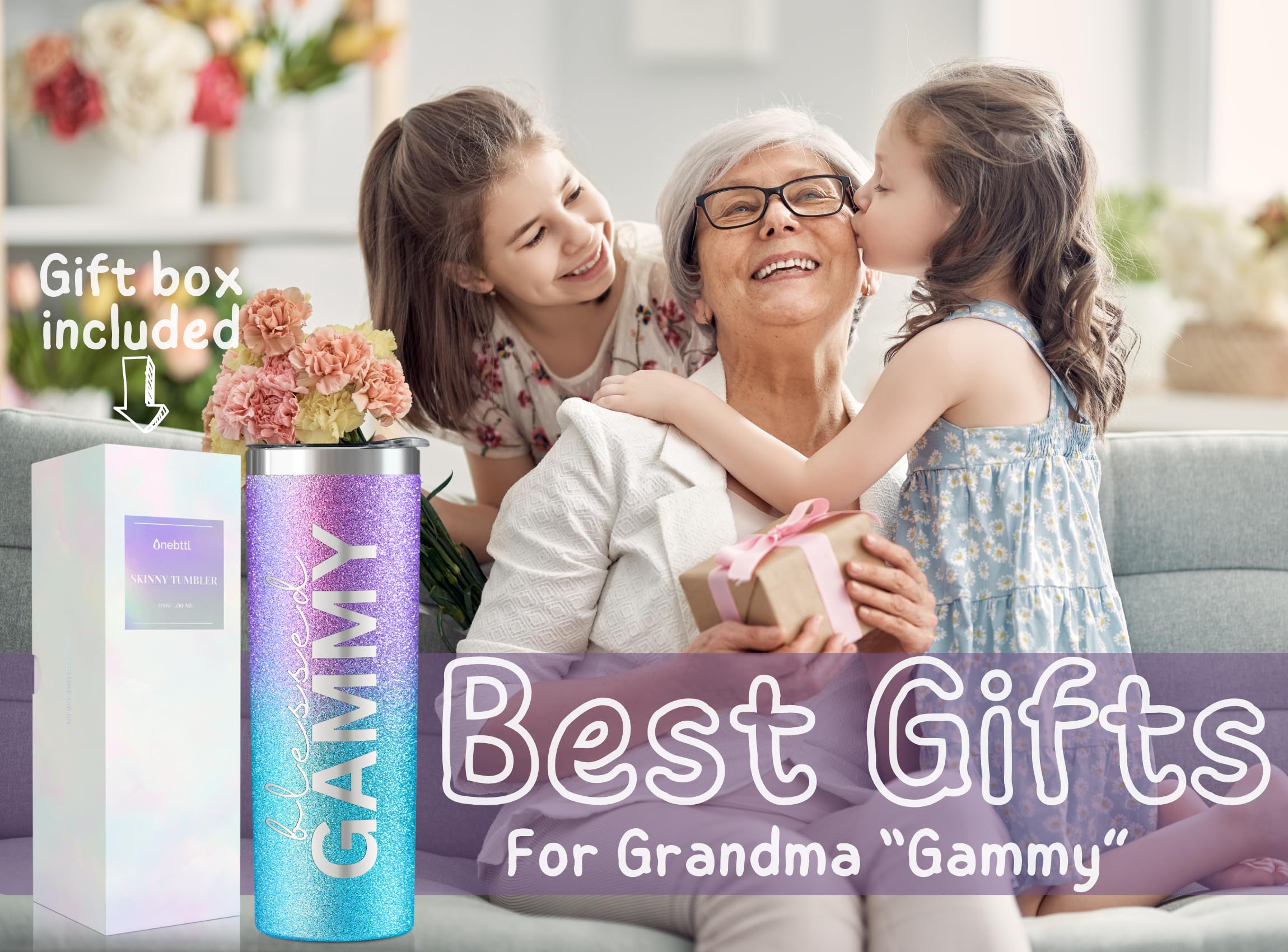 Onebttl Gammy Gifts for Grandma's Mother's Day, 20oz Purple & Blue Glitter Skinny Tumbler, Straw & Lid Included, Christian Gifts for Blessed Gammy