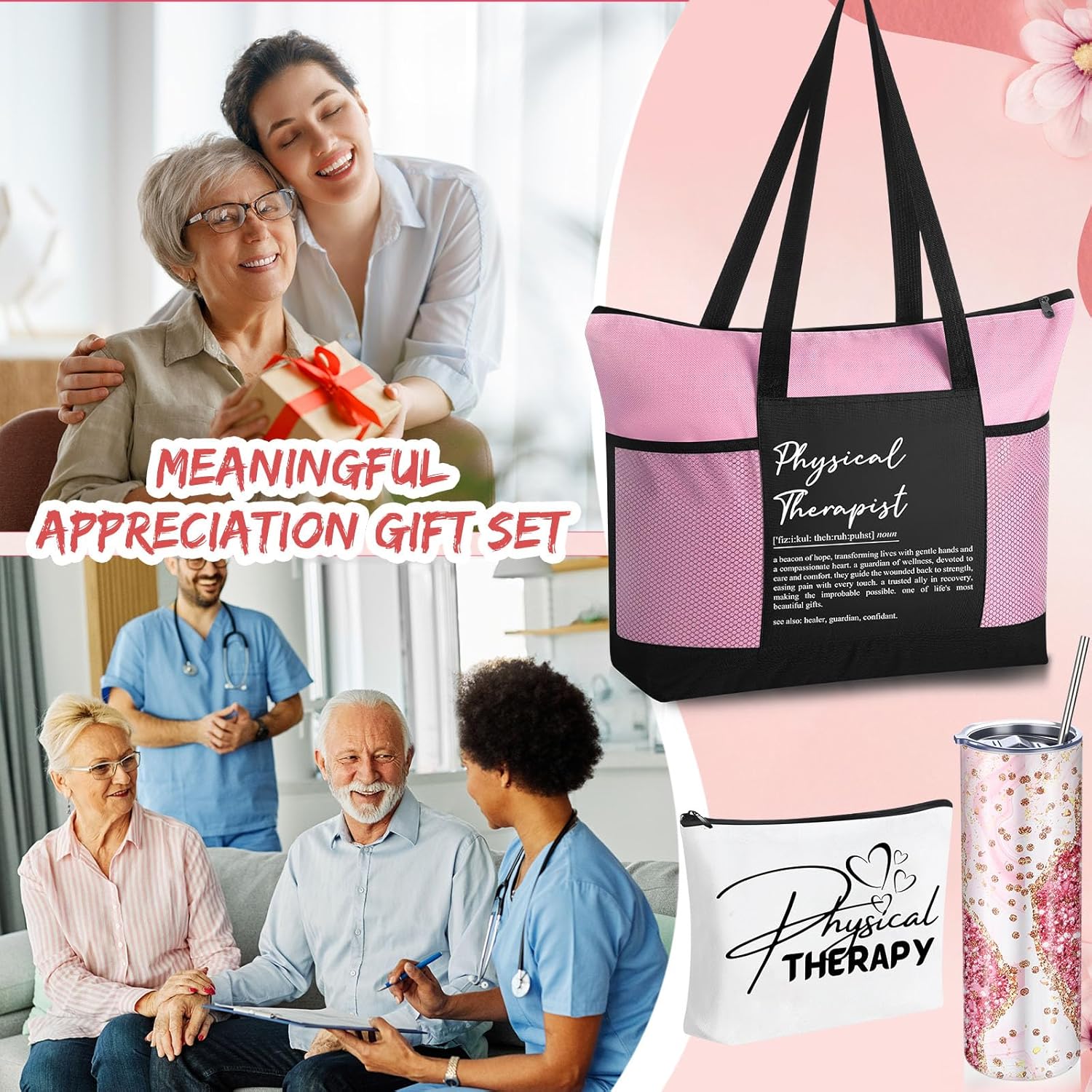 Patelai 3 Pcs Physical Therapist Appreciation Gift Set 20 oz Stainless Steel Tumbler with Straw Brush Canvas Cosmetic Bag Tote Bag for Staff Colleagues World Physical Therapist Day(Pink) - Image 3