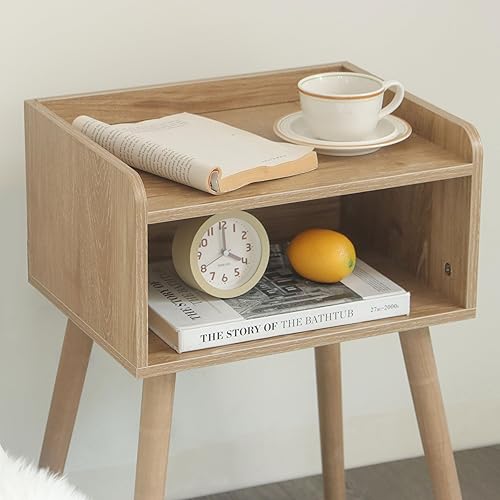 Miniatura 13 de MaxSmeo Mesita de noche, moderna de mediados de siglo, mesa auxiliar para dormitorio con almacenamiento, mesita de noche pequeña con patas de madera