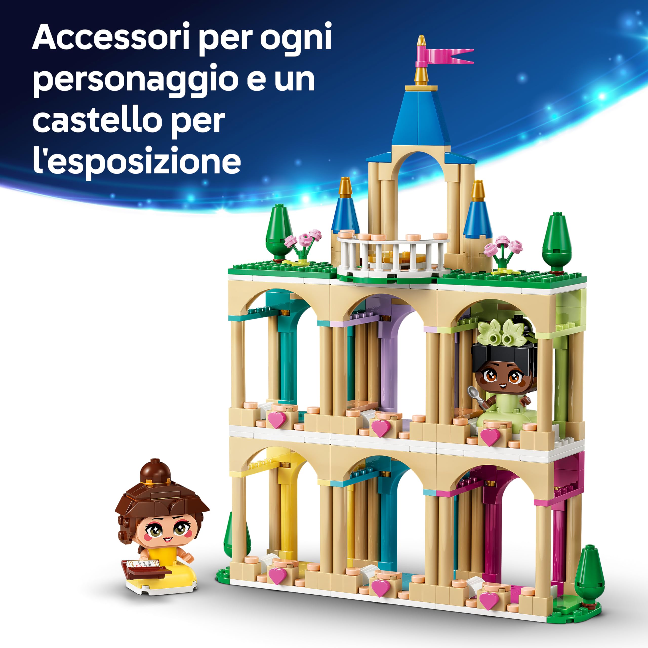 LEGO | Disney Princess Mini-Belle e Mini-Tiana con Castello Giocattolo - con 2 Mini Bamboline e Accessori - Decorazione Fai Da Te - Regalo da Collezione per Bambine e Fan da 5 Anni in su - 43291