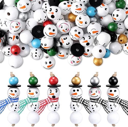 Vicenpal 450 Piezas Cuentas de Madera de Navidad Muñeco de Nieve de Invierno Cuentas de Madera a Cuadros Estilo Búfalo con Bufanda de Hilo Colorido