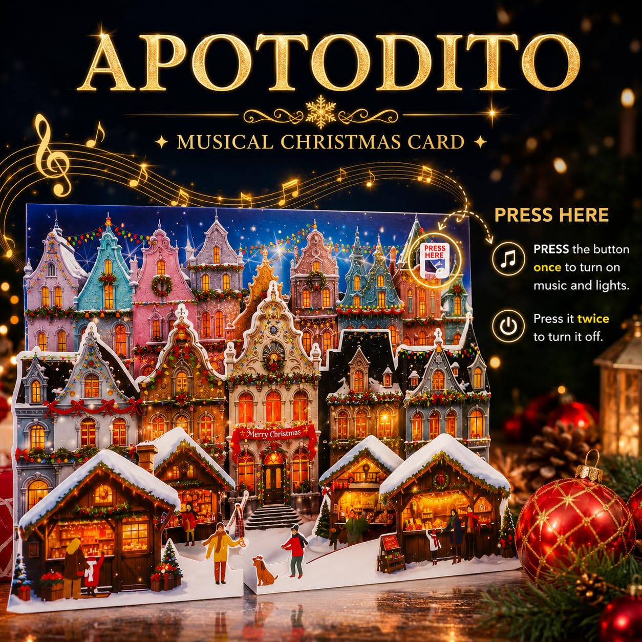 APOTODITO Pop Up Weihnachtskarten mit Licht und Musik, Lustige Weihnachtskarte, Weihnachtsgeschenke für Frauen Männer Weihnachten Silvester Neujahr