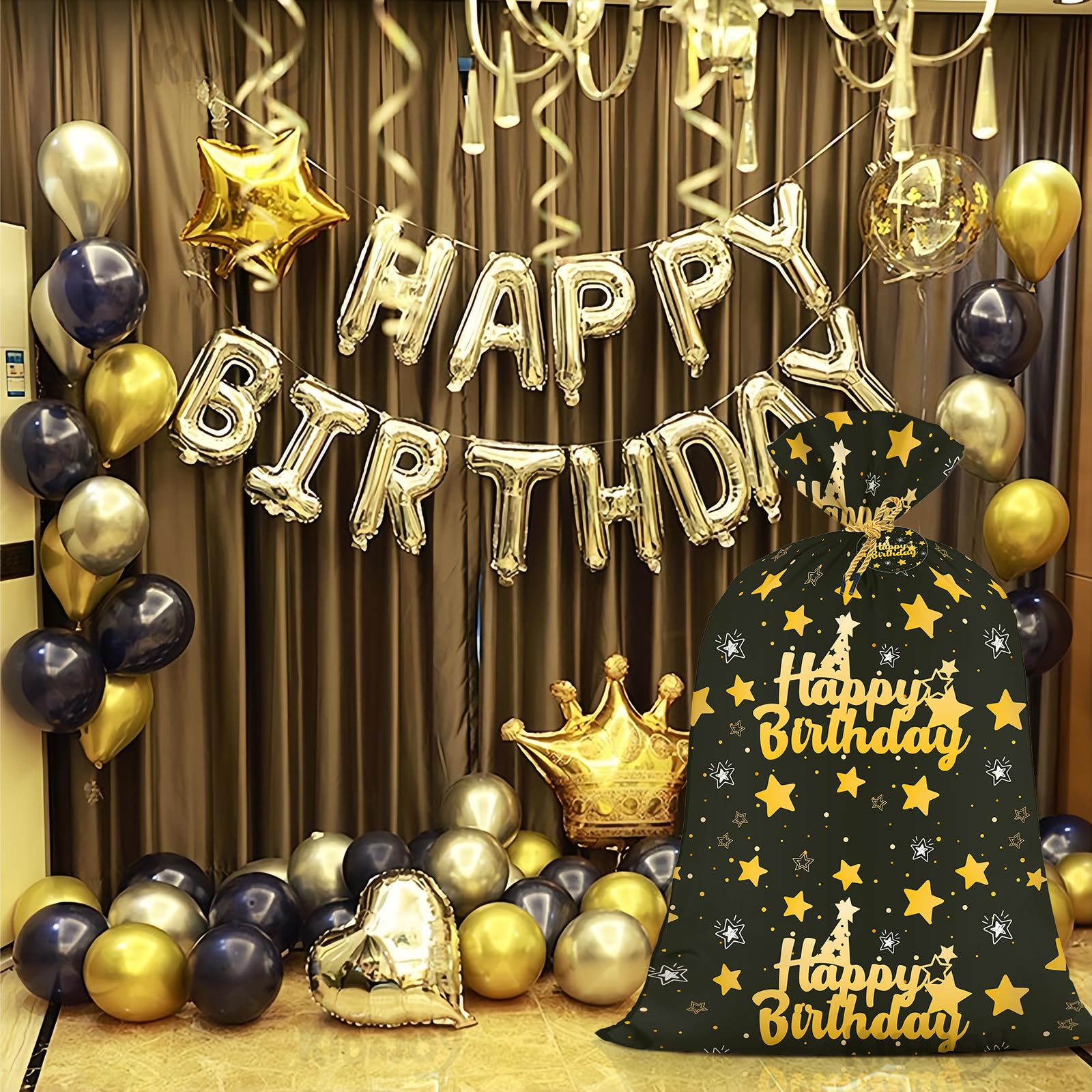 Extra Large Birthday Plastic Gift Bags Boys Black and Gold 36x56 Inch Jumbo Black Gift Bag XL Happy Birthday Themed Kids Women Men Party Favors Decorations Golden Star