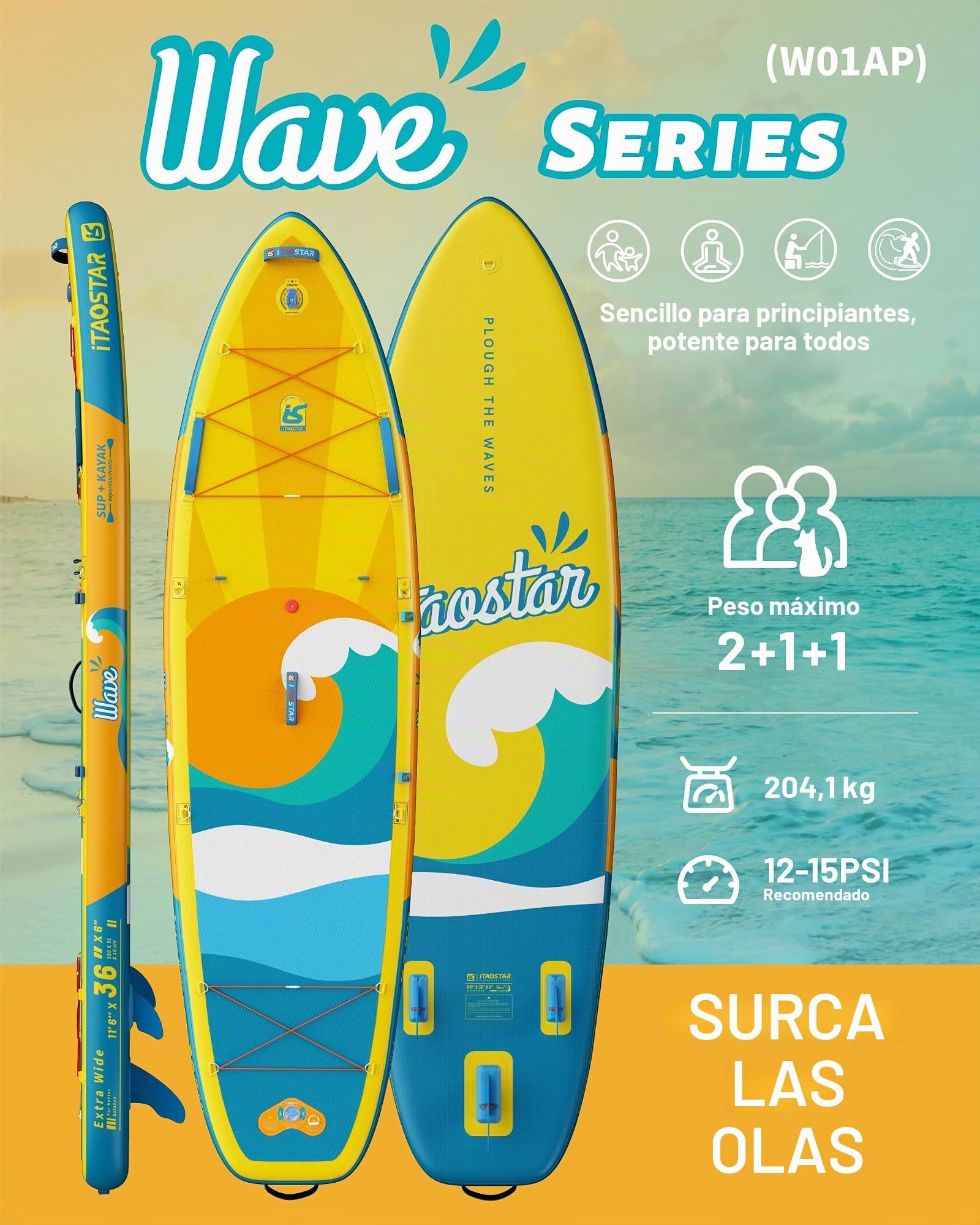 Tabla de Remo Extra Ancha de 11'6" × 36" con Asiento, Accesorios Premium para Tablas de Sup, Aletas Personalizadas, Tablas de Remo inflables para Todos los Niveles