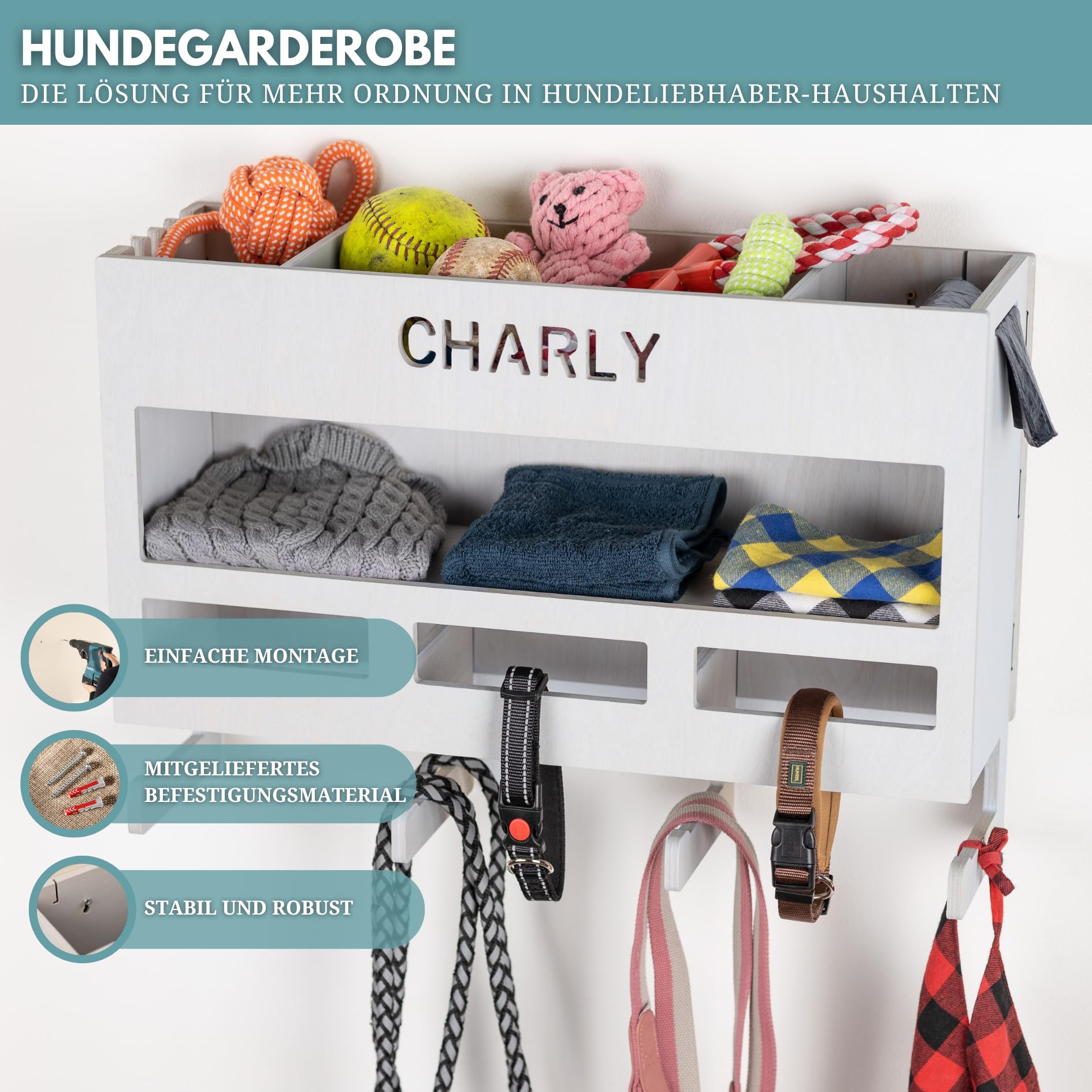 INEXTERIOR – Hundegarderobe XXL personalisierbar mit Ablage & Leinenhalter in Grau - Hundezubehör Dogstation für Hundeleinen, Spielzeug & Leckerlis aus Birkenholz - Mit Kotbeutelspender & Montagekit