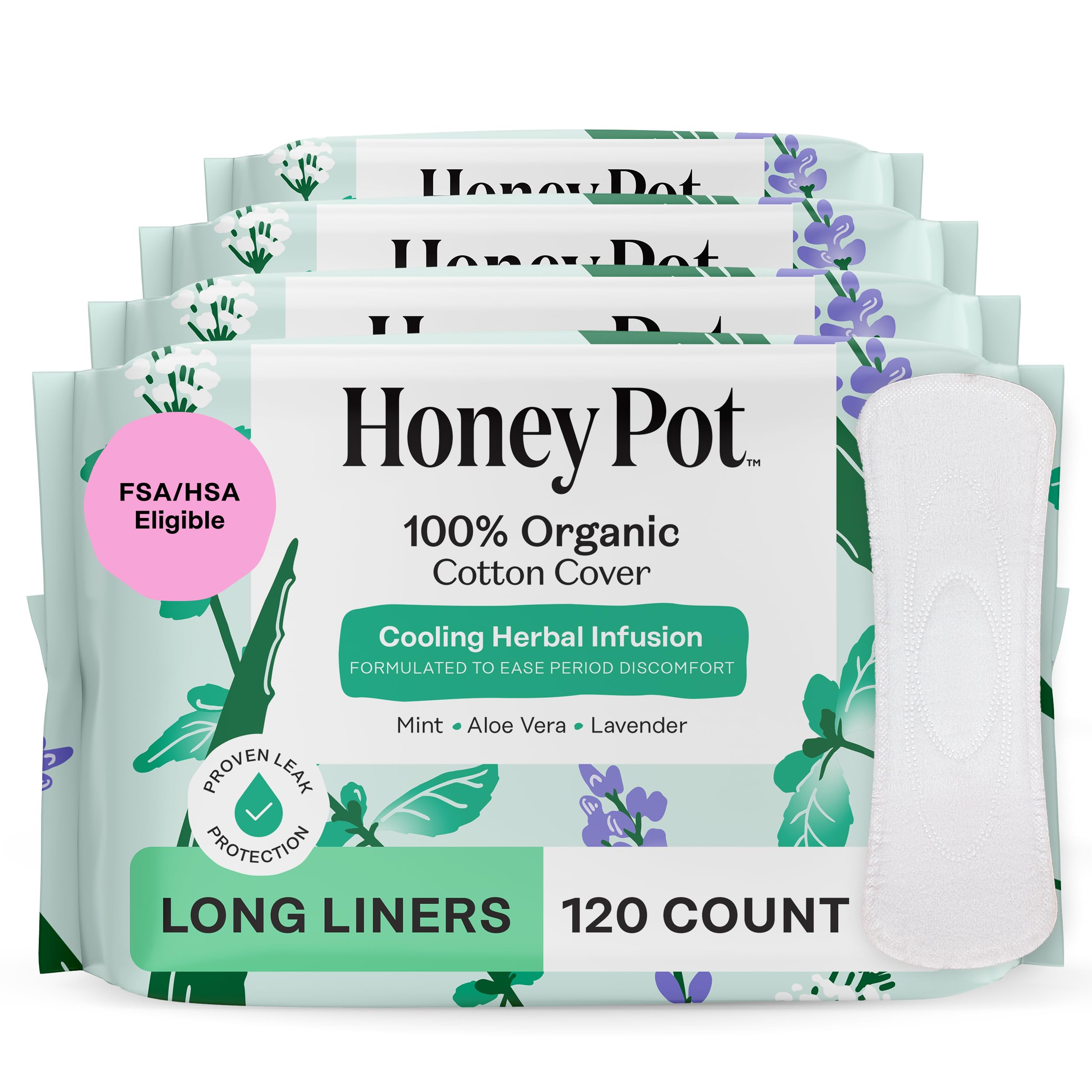 The Honey Pot Company120ct - Herbal Long Panty Liners for Women - Infused w/Essential Oils for Cooling Effect & Organic Cotton Cover - Feminine Care