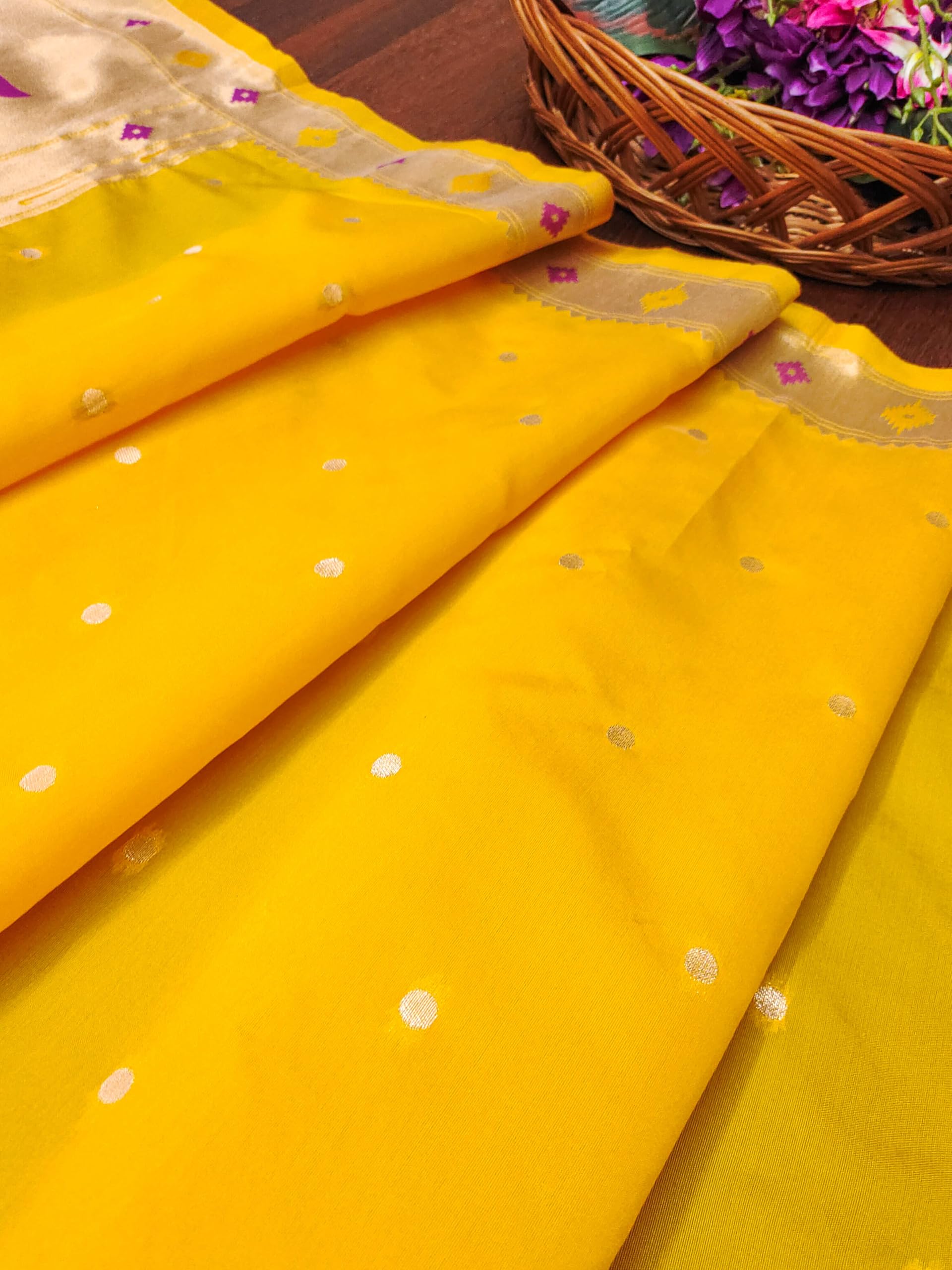 DEVANGI Women's Woven Banarasi Silk Dupatta/Chunni For Women, Floral Print 1 Meter Wide and 2.3 Meter Length Printed Designer Dupatta/Chunni For Girls(OM-DT-67-YELLOW) - Image 4 thumbnail