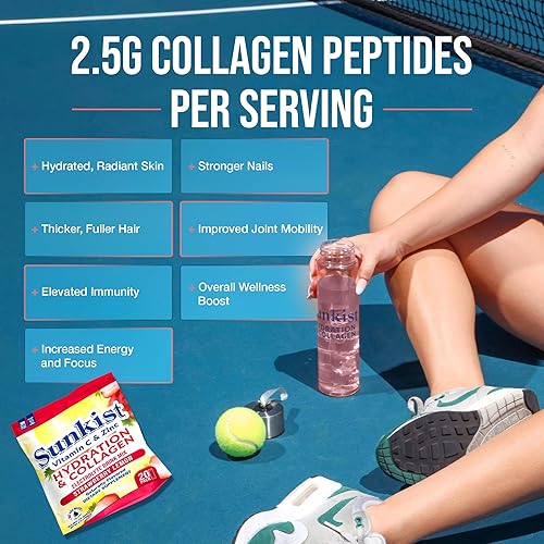 Miniatura 5 de Sunkist Hydration & Collagen Mezcla de electrolitos de limón y fresa en polvo (20 barras), con péptidos de colágeno, vitamina C y zinc, solo tienes