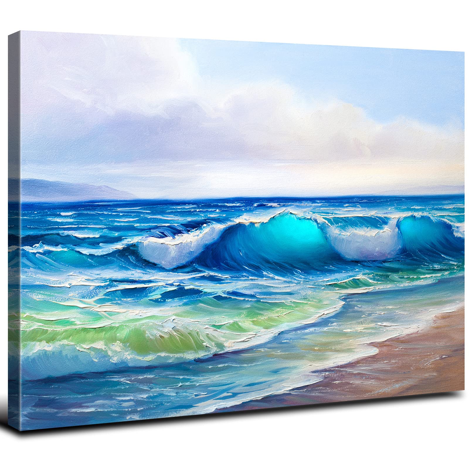 Blue Ocean Wall Art Sunset Beach Scenery Oil Painting Print Canvas Beautiful Nature Seascape Picture Artwork Painting Decor for Living Room Bedroom Bathroom Home Wall Decoration Ready to Hang 12x16"