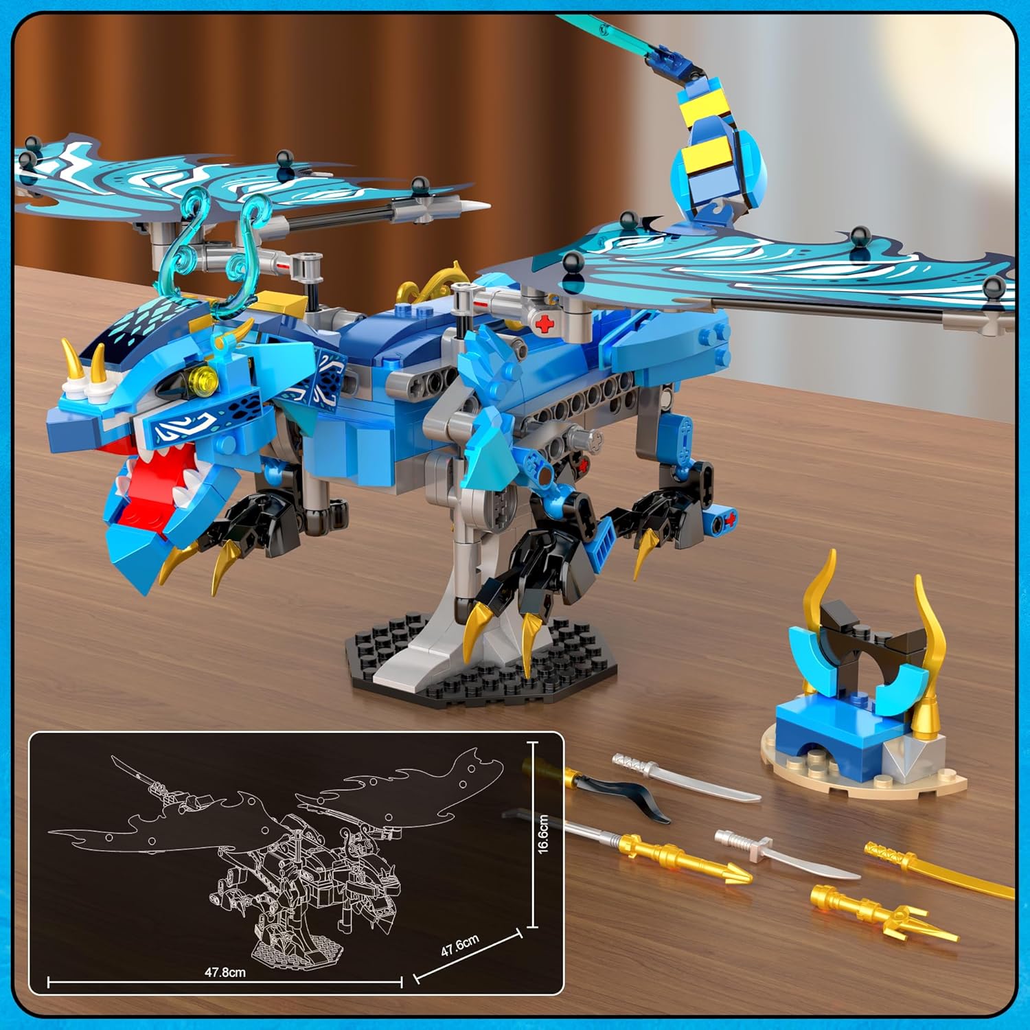 The assembled Ninja Water Dragon with its dimensions indicated in a diagram.