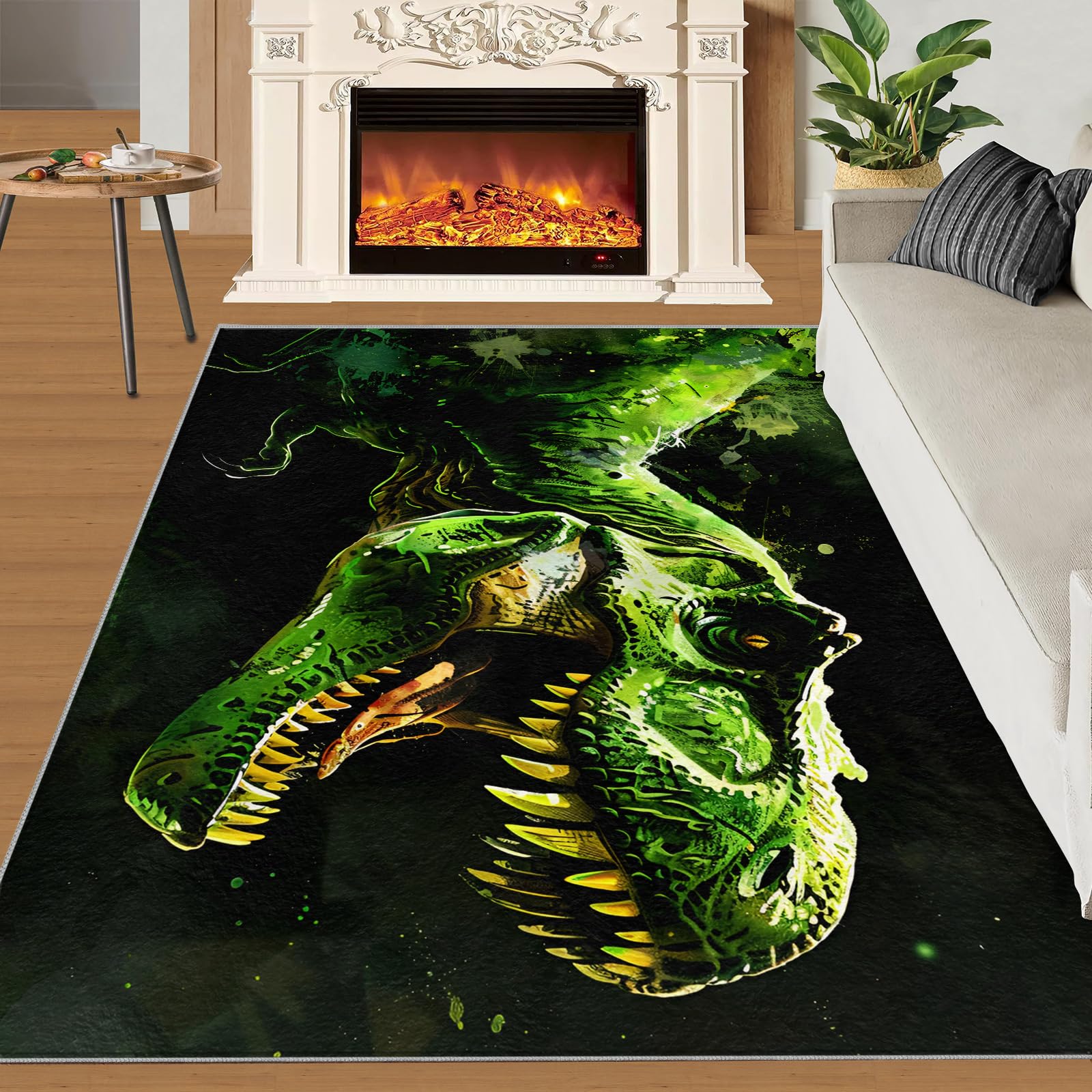SANSJI Dinosaur Rugs for Bedroom - 140 x 200, Green Animal Area Rug, Stain Resistant Washable Non Slip, Dinosaur T-Rex Theme, Jurassic Dino Design, Soft Low Pile Rectangle Carpet