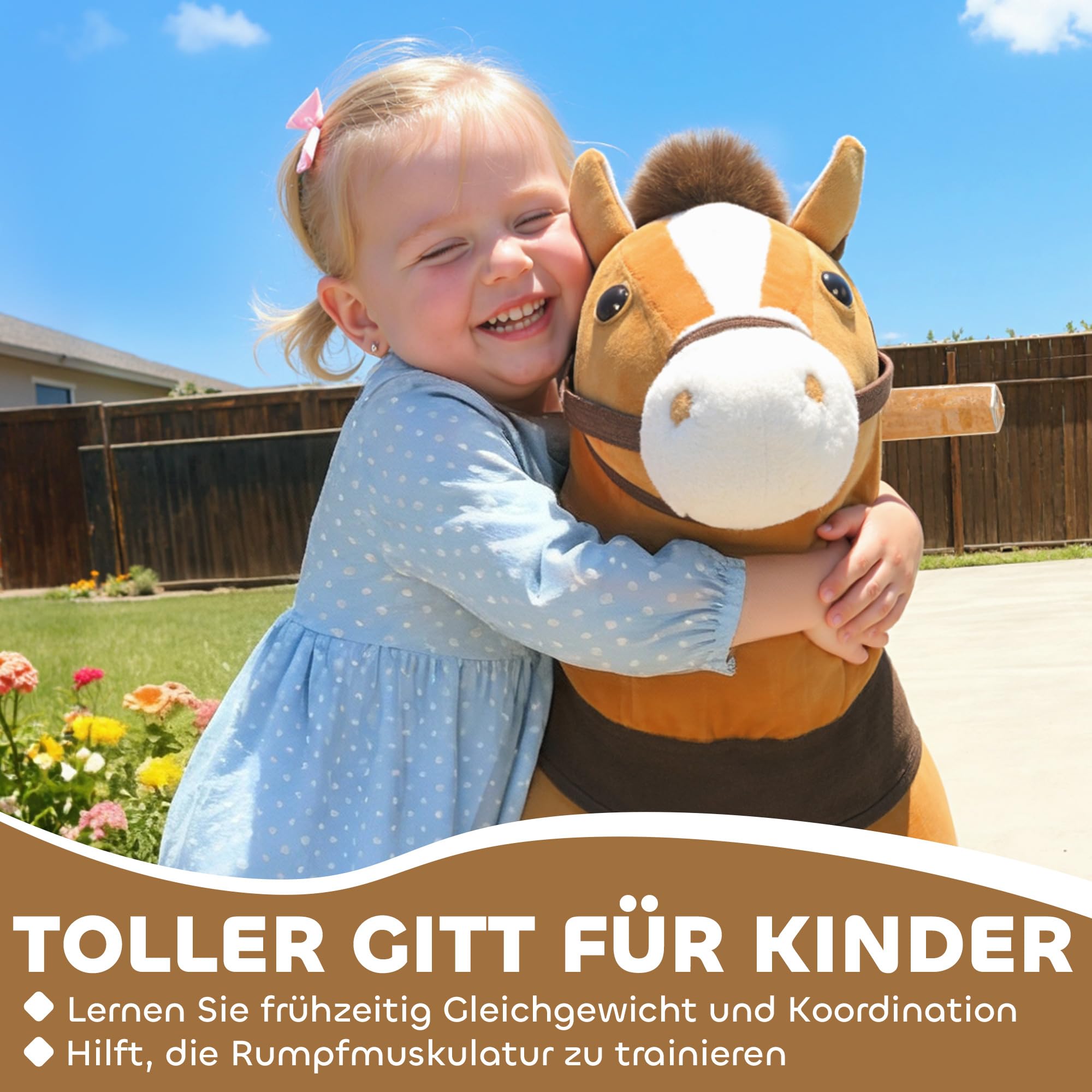 AIYAPLAY Reitpferd, Spielpferd zum Reiten mit Sattel Rollen, 75 cm Stehpferd, Plüschpferd für Kinder 3-5 Jahre, bis 25 kg, Dunkelbraun